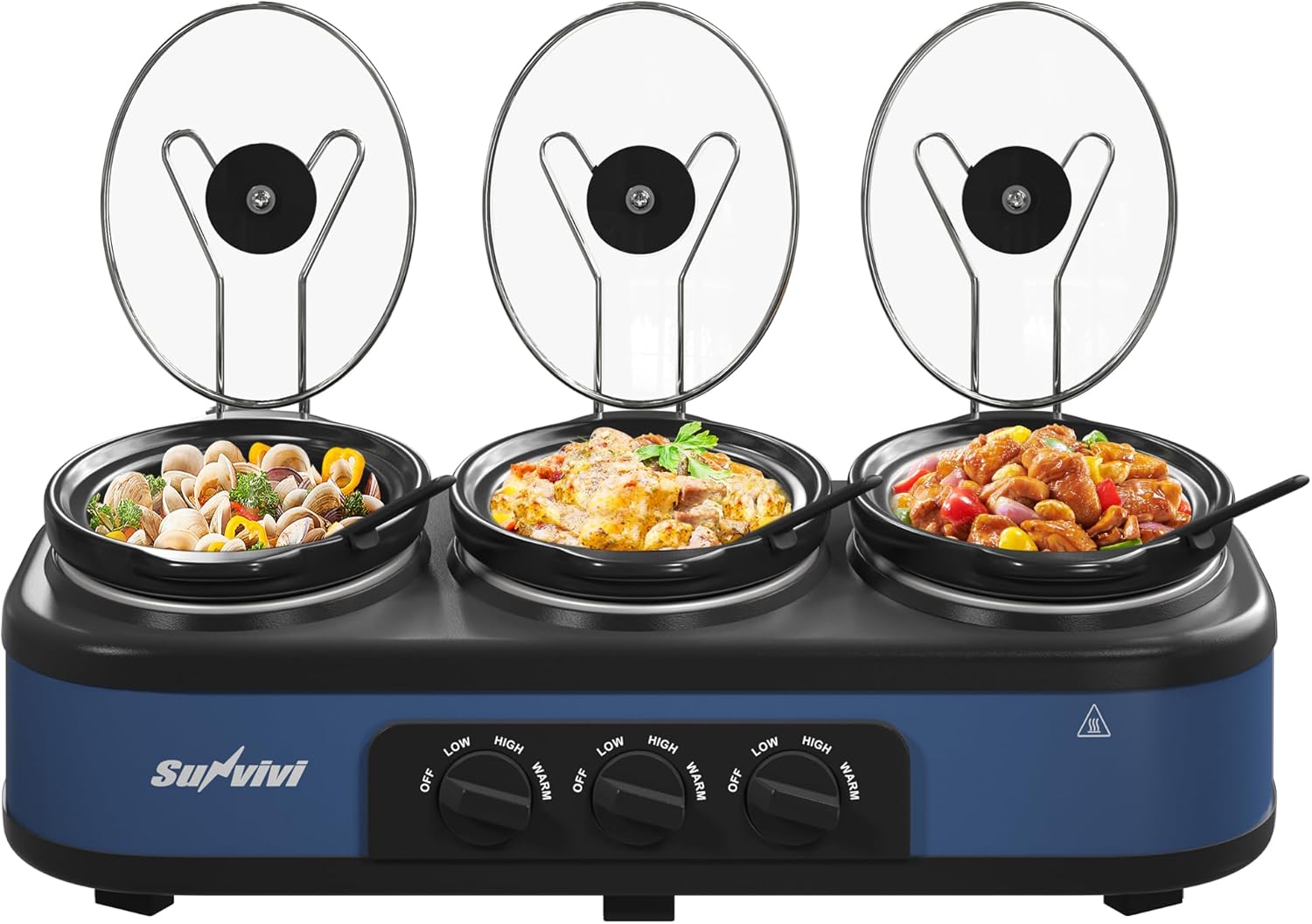 Triple Slow Cooker, Buffet Food Warmer with 3 x 1.5 QT Removable Ceramic Pots, Buffet Servers and Warmers with Glass Lids and 3 Spoons, Stainless Steel, Blue