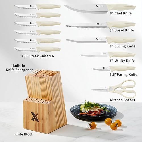 Miniatura 2 de XANAPON Juego de cuchillos de cocina de 14 piezas con bloque, cuchillos de chef afilados de acero inoxidable de alto carbono con afilador integrado,