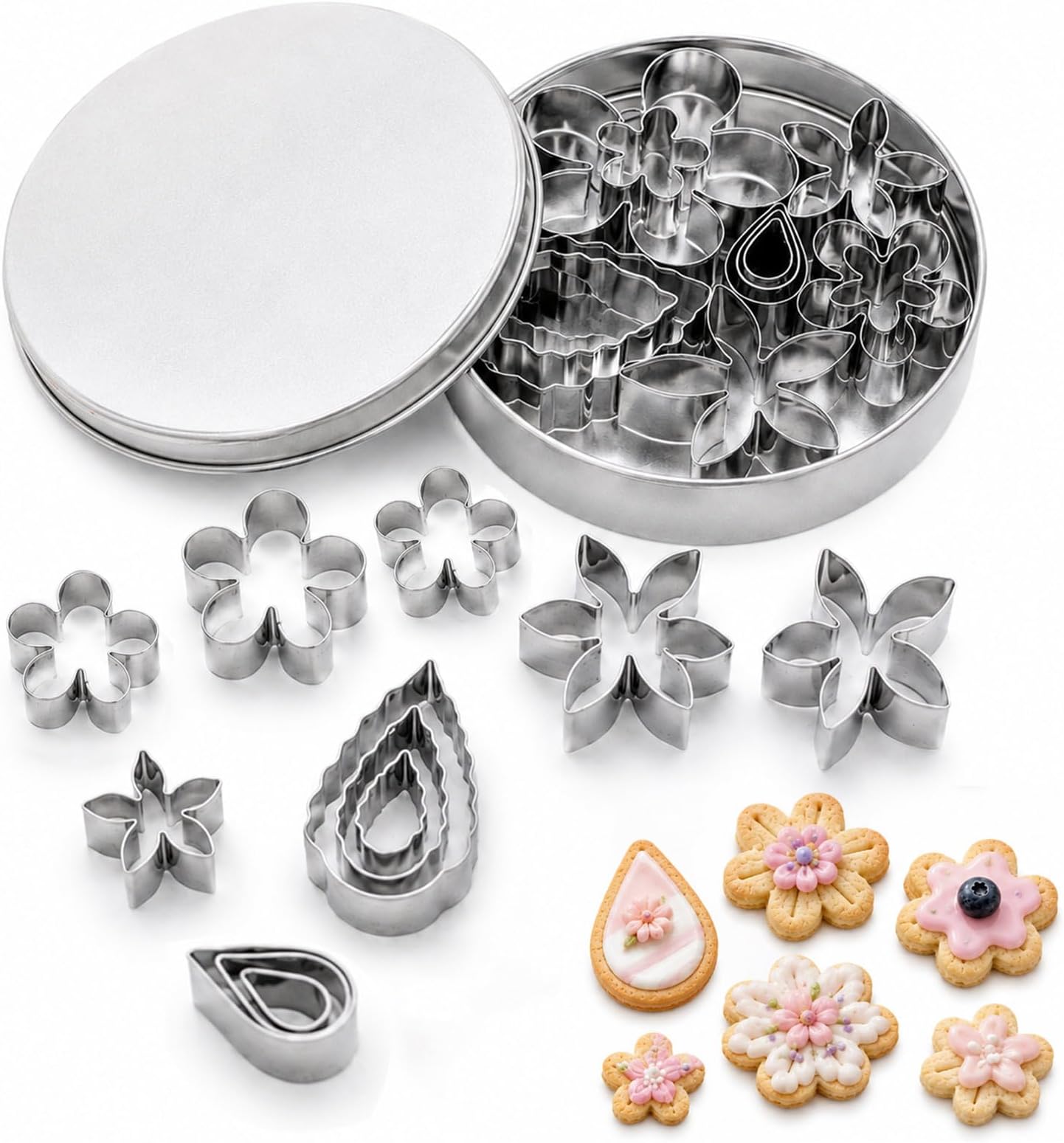 Spring-Themed 12 Pcs Mini Metal Cookie Cutters Set, Includes Leaf, Rose, Petal, Teardrop & Flower Shapes for Baking, Biscuit, Cake Decorating, Sugar Craft DIY, Ideal for Easter and Kids Activities.