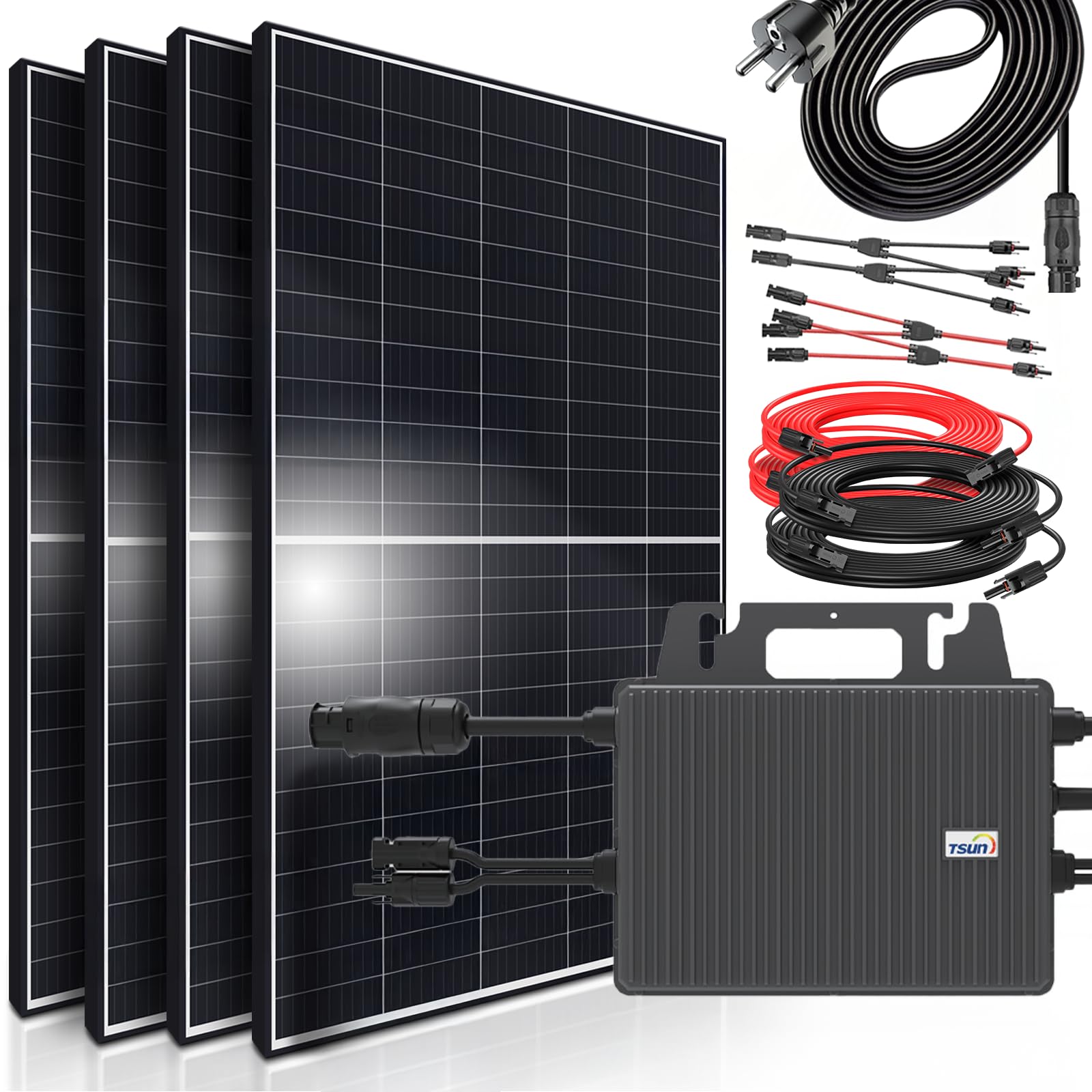 SUNNIVA® 1800W Balkonkraftwerk 800W komplett Steckdose - TSUN 800W Wechselrichter - PV Solaranlage Komplettset - 4x 450W (1800W) Solarmodule - inkl. 5m Kabel - Bluetooth, WIFI
