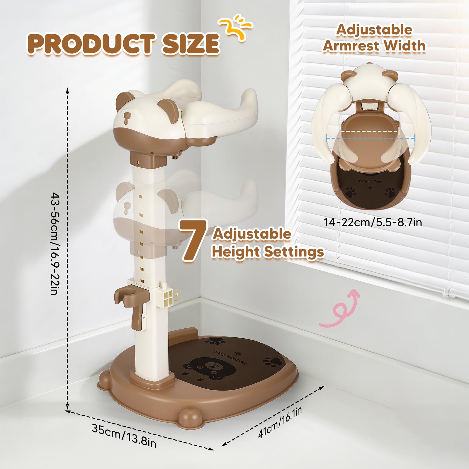Soporte Ducha Bebé Regulable 6-36 Meses con Asiento Desmontable | Soporte de baño bebé sin BPA con base antideslizante, soporte para ducha y 8 alturas ajustables para baño y cambio