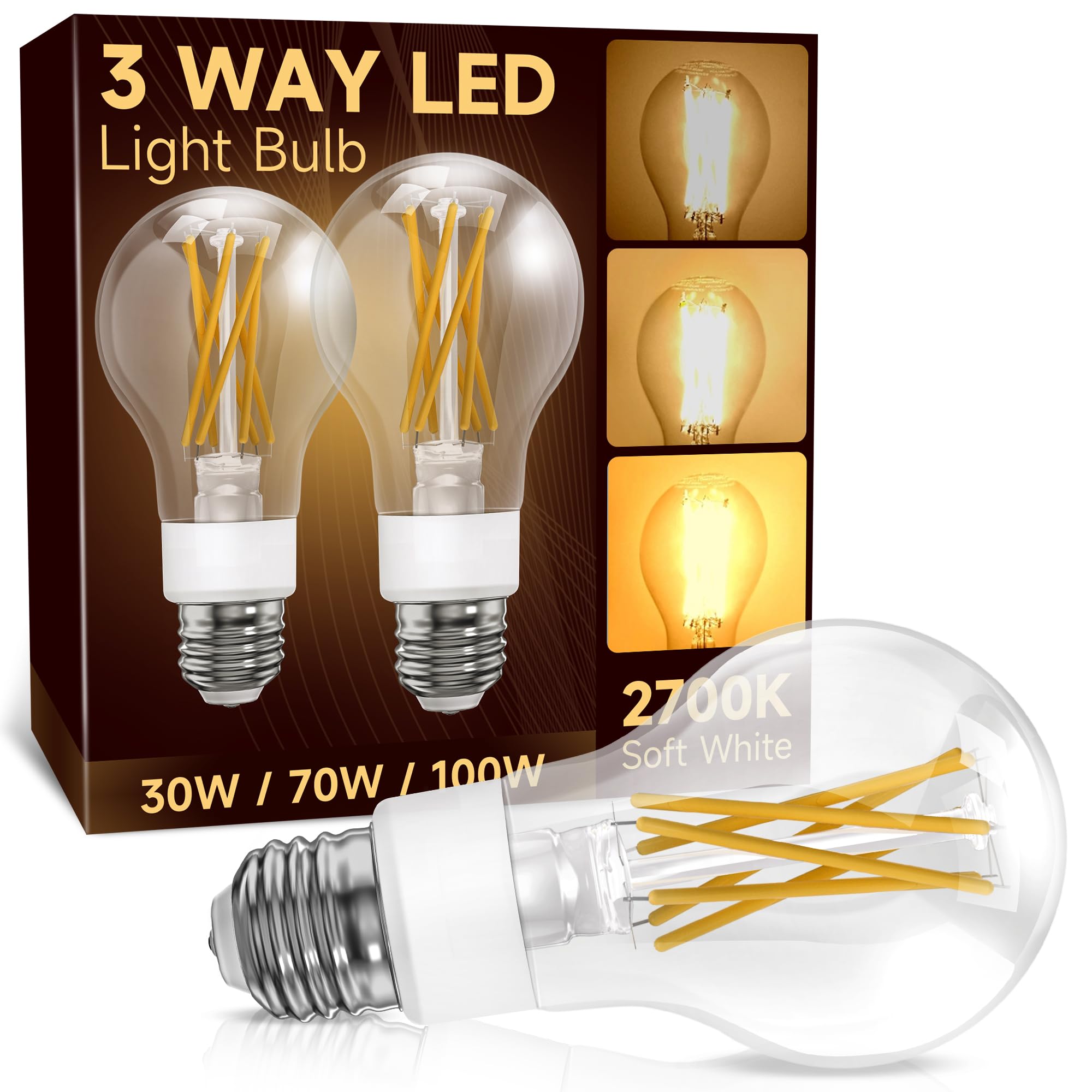 A19 E26 Vintage Filament Three Way LED Light Bulb for Reading, Living Room, Offices & Bedroom, Classic Clear Glass, 2 Pack 3 Way Light Bulbs, 30/70/100W Equivalent, 2700K Soft White
