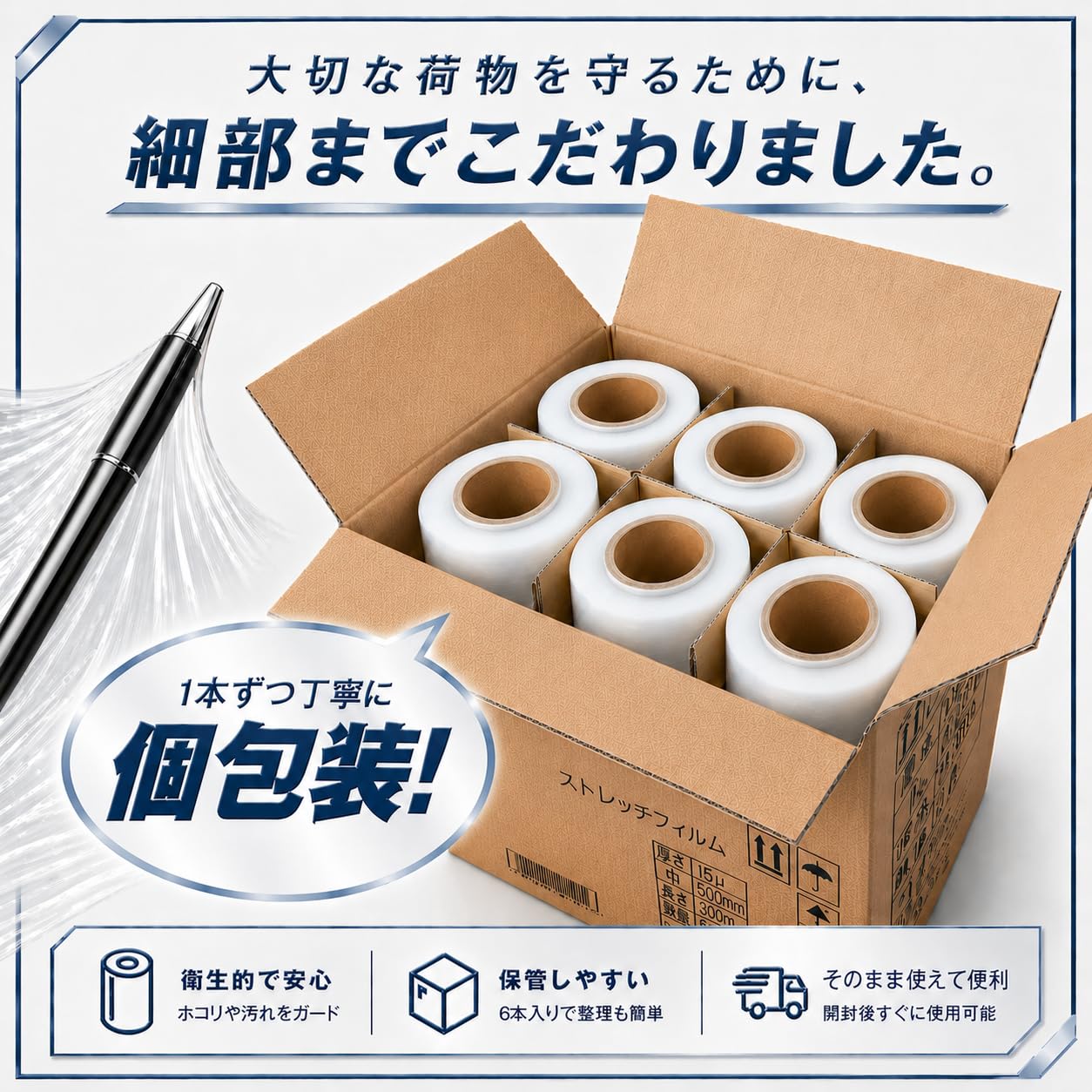 Amazon | ストレッチフィルム15μ 梱包材 厚さ 15μ 幅500mm×300m 手 