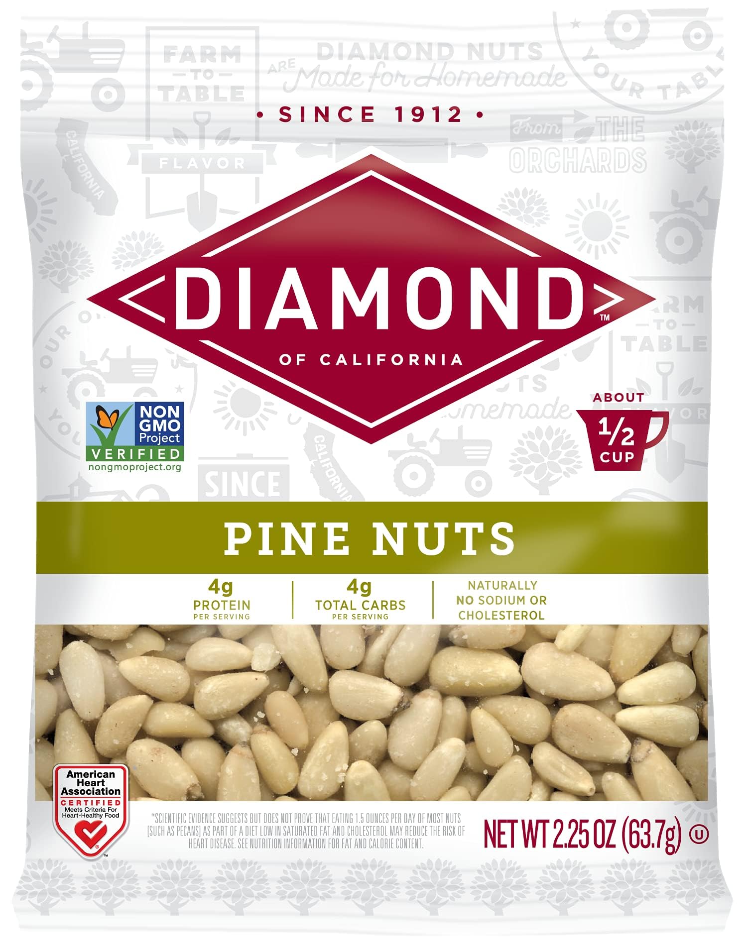 Diamond of California Shelled Pine Nuts, Raw Unsalted Pine Nuts for Pesto, Baking, Snacking, and Salads, 9oz Total / 2.25 oz. Each (4 Pack)