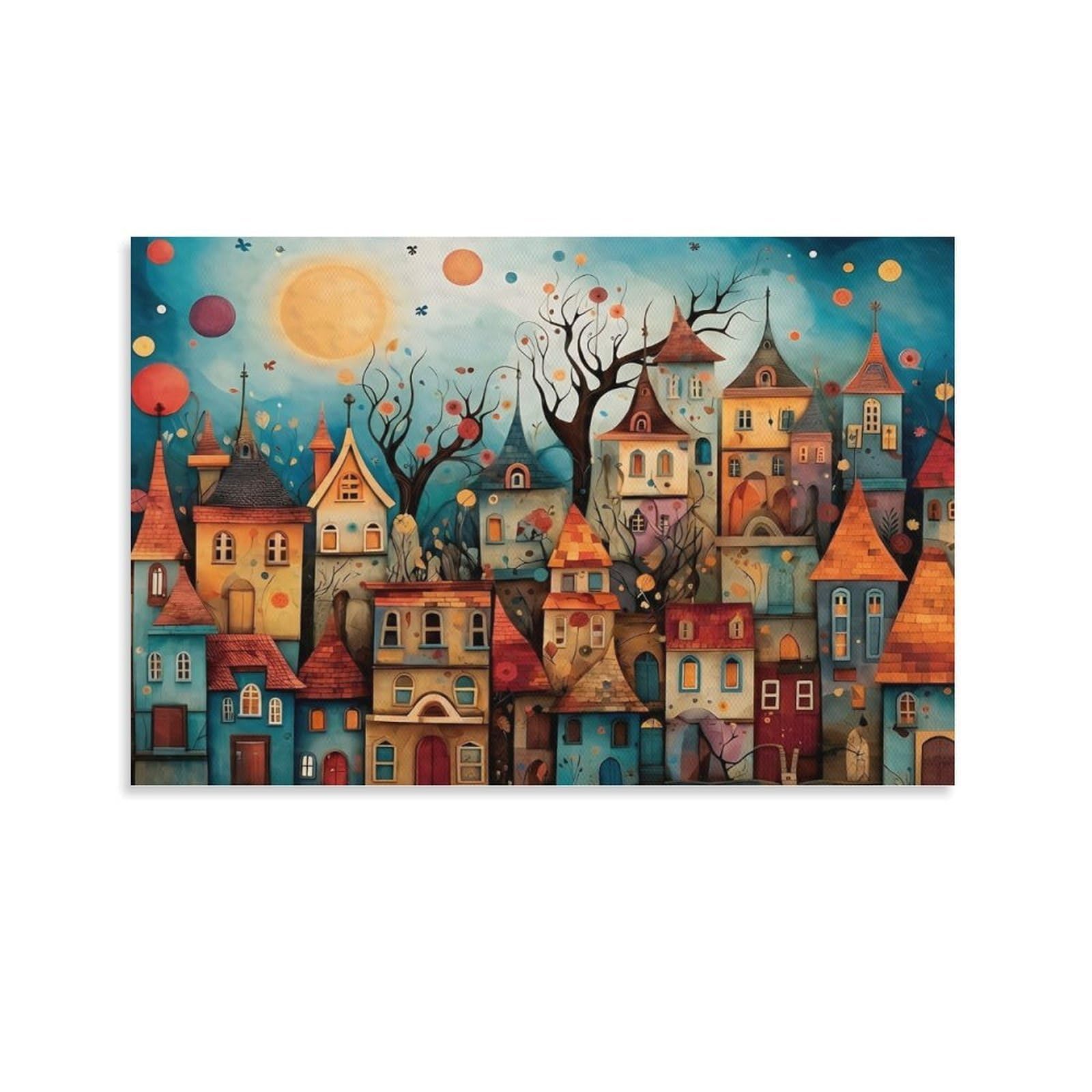 CPLVKWRQJ Whimsical Fantasy Town Individual Whimsical Fantasy Town Art Framed Canvas Art - Living Room Focal Point Fade Resistant Gallery Wall Decor 08x12inch(20x30cm)