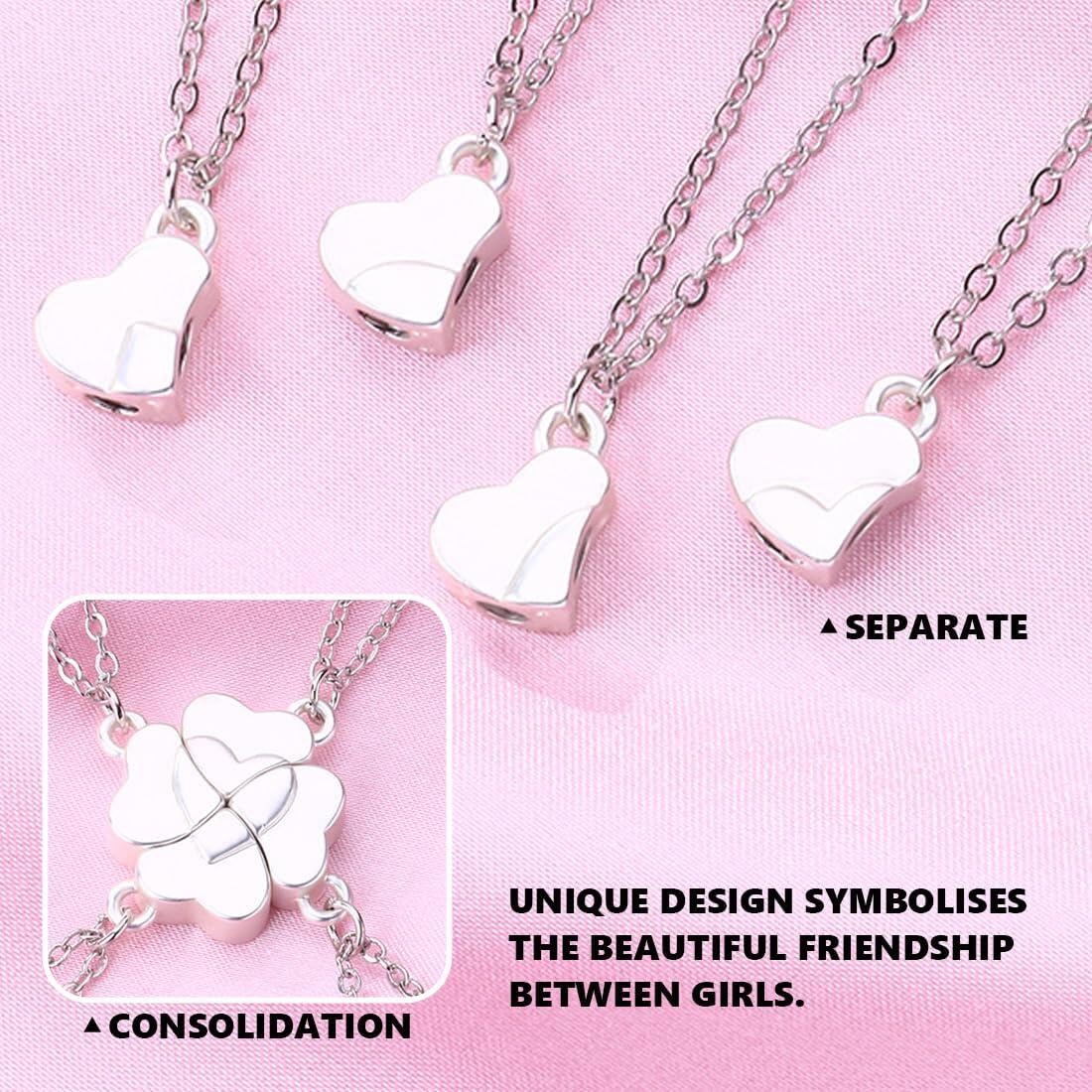 CULEO Women's Necklaces,Four Leaf Clover Patchwork Necklace Magnetite Alloy Pendant Parent-Child Good Friends 4-Person Combo Necklace (Silver) - Image 4