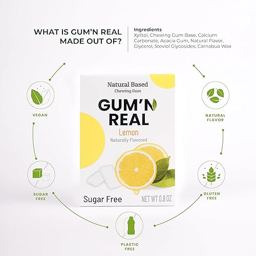Miniatura 2 de GUM'N REAL Goma de mascar natural sin azúcar  Paquete de 6 (102 piezas en total)  100% xilitol + sabor natural + sin aspartamo + vegano (limón)