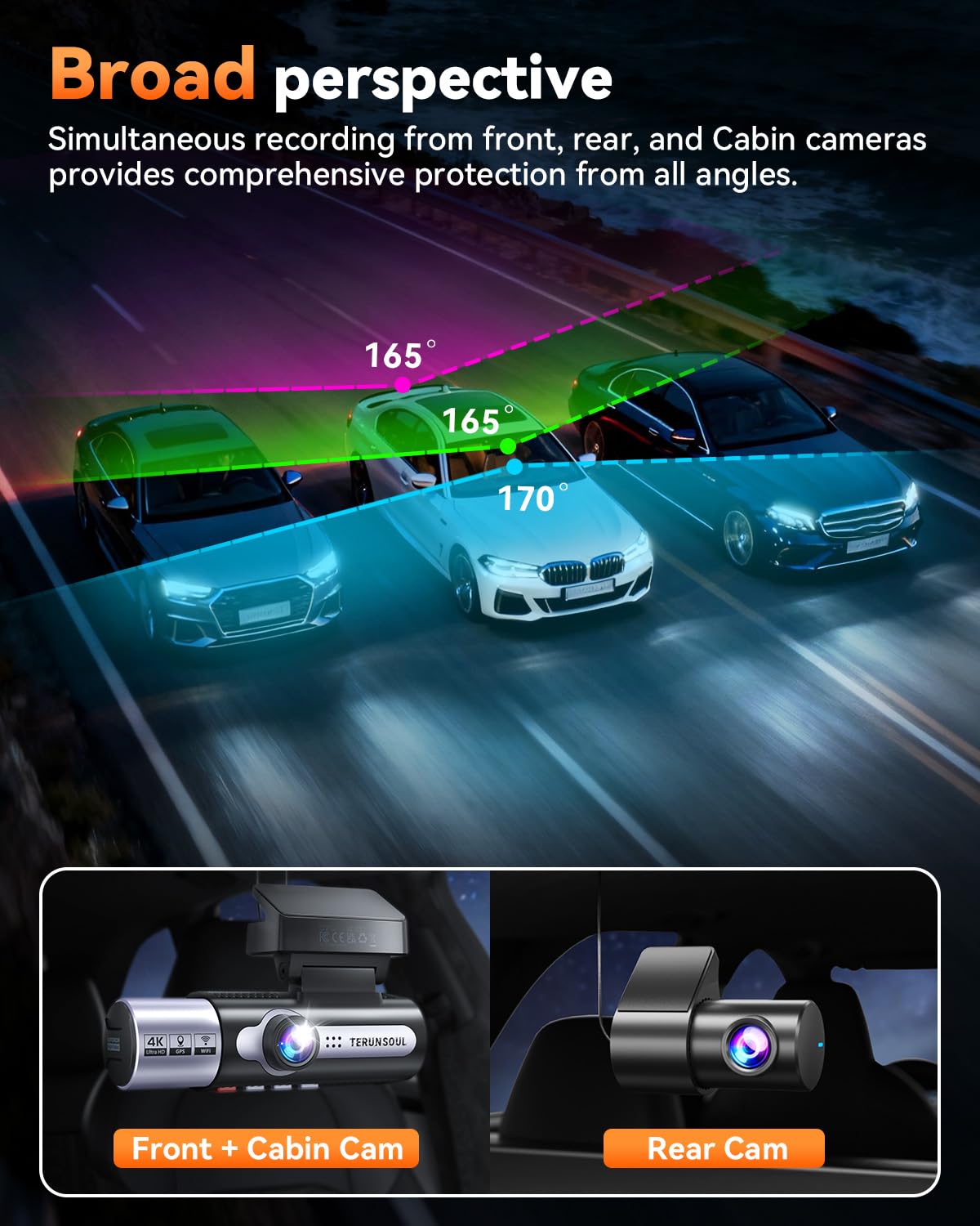 4K Dash Cam Front and Rear, Full HD 3 Channel Dashcam, Free 128GB MicroSD Card, Built-in 5.8GHz WiFi Built-in GPS, Collision Sensor, Night Vision, HDR, 3.16" IPS, 24H Parking Mode（Black）, view 8