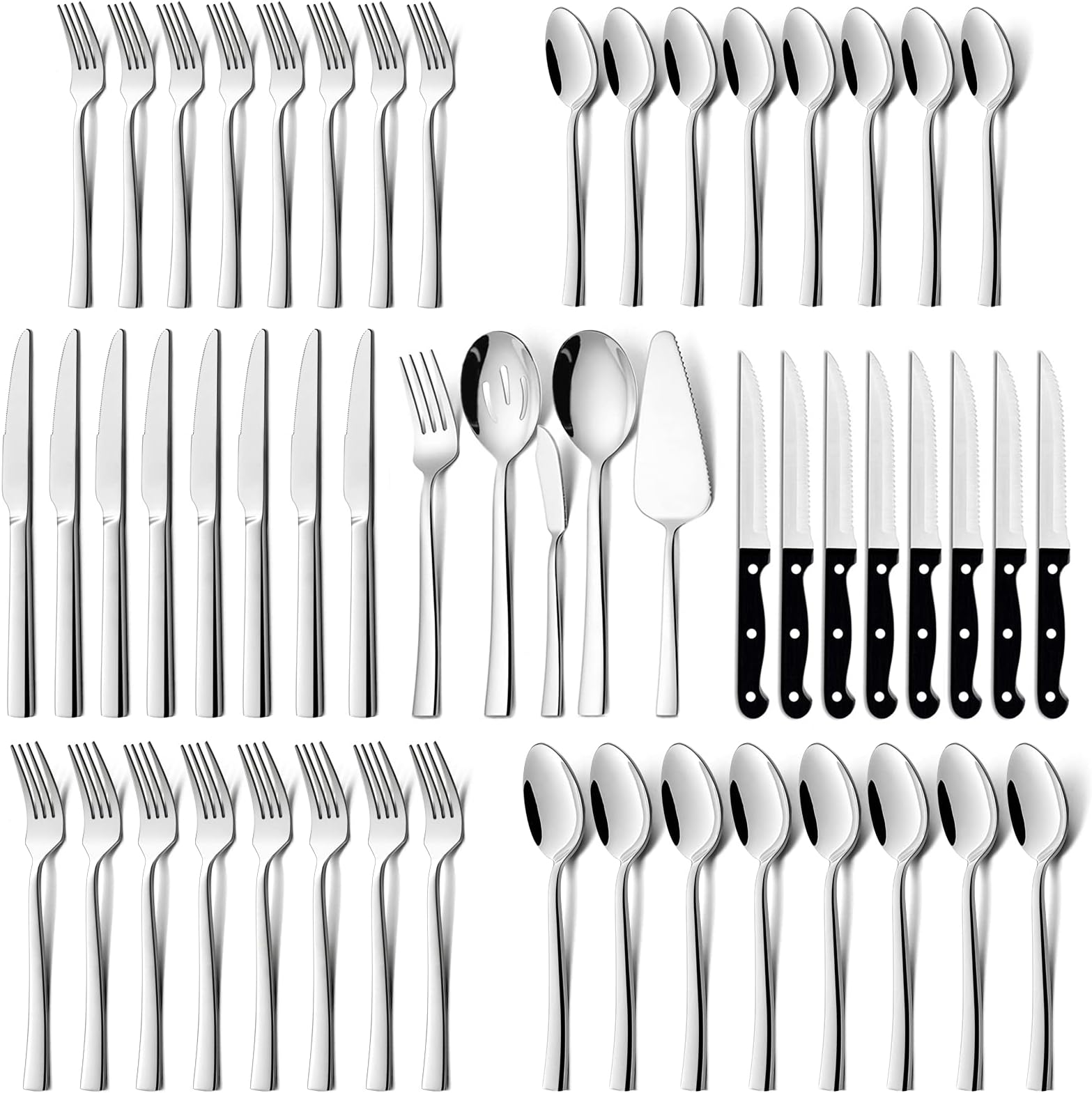 53-Piece Silverware Set, HaWare Solid Stainless Steel Modern Elegant Flatware Utensils, Includes 40-piece Cutlery Set, 5-piece Serving Set, 8-piece Steak Knives, Mirror Polished & Dishwasher Safe