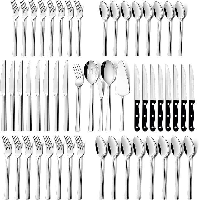 HaWare 53-Piece Cutlery Set for 8, Stainless Steel Silverware Flatware Sets with Steak Knives, Serving Utensil Set Include Knife Fork and Spoon, Dishwasher Safe