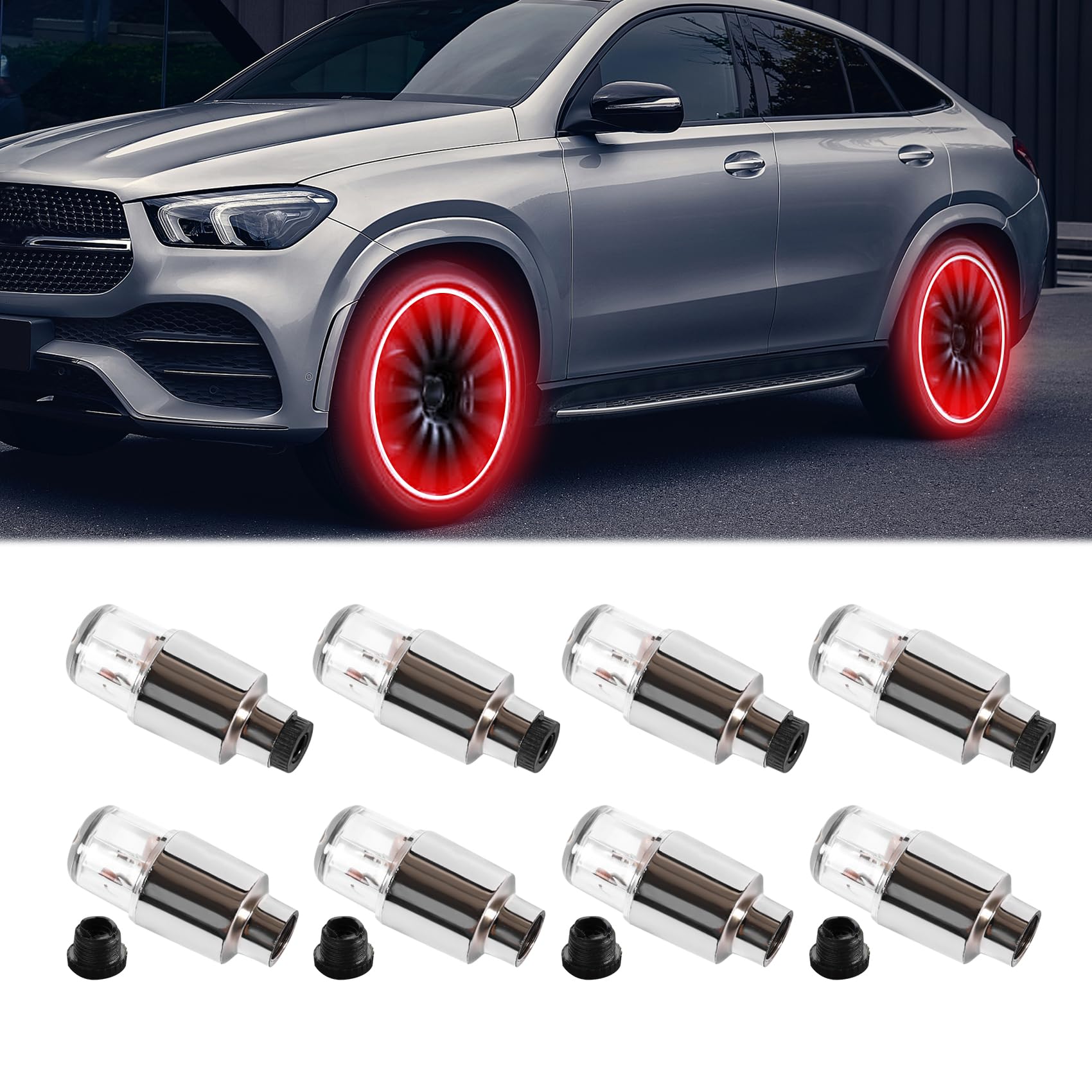 8PCS LED Wheel Lights, Automotive Tire Light Assemblies, Air Neon Valve Light, Waterproof LED Flashing Light, Car Exterior Accessories Tire Valve Caps Lamp Universal for Car Bike (Red)