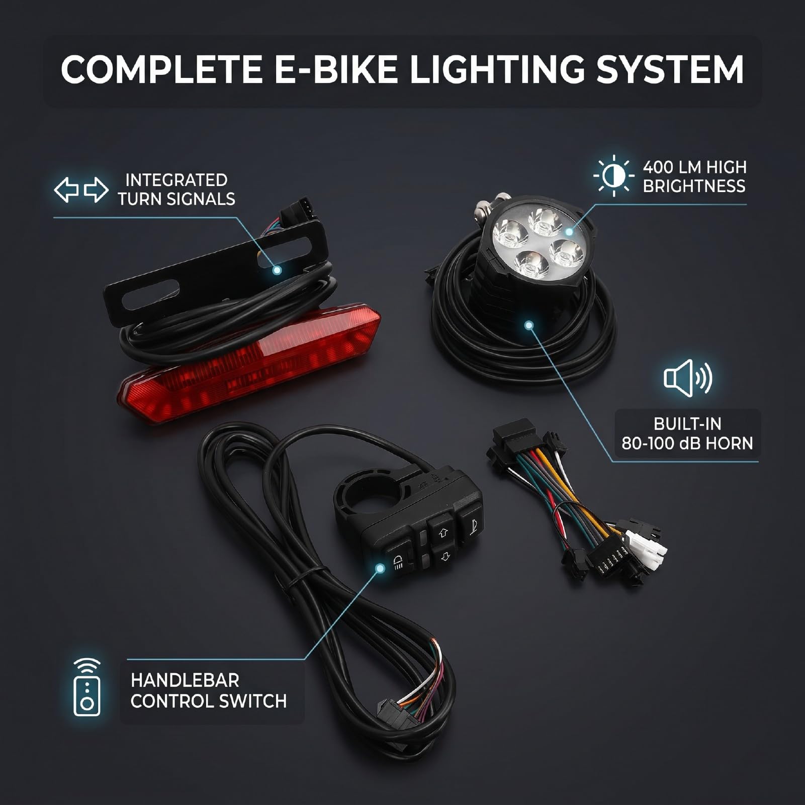 Cryfokt Juego de Luces para Bicicleta para Conducción Nocturna, Luz Trasera LED con Interruptor de Control del Manillar, 4 Potentes Bombillas LED, Juego de Luces para Bicicleta Eléctrica