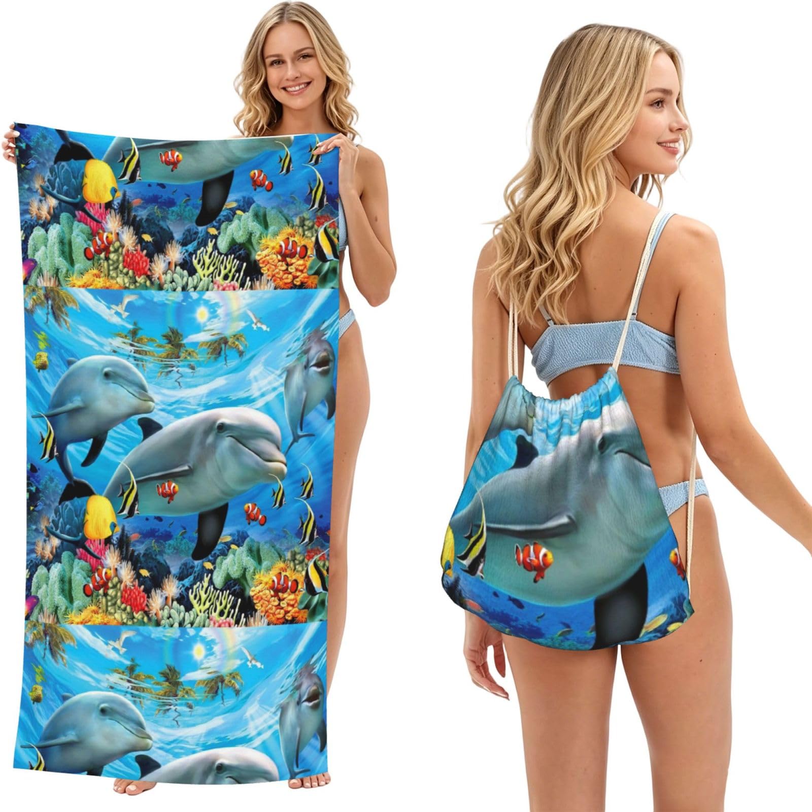 Poadnly As Picture Underwater Dolphin, 2 In 1 Packable Towel Bag, Beach Towels With Drawstring Backpack For Travel Holiday Camping