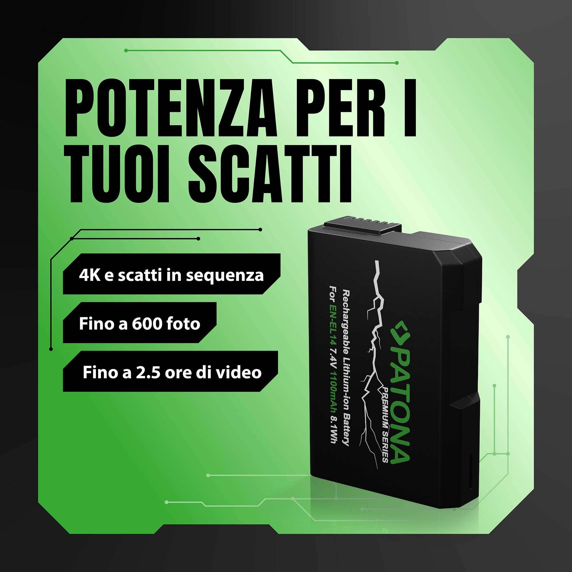 Patona batteria con Infochip di nuova generazione per Nikon EN-EL14, Coolpix P7000, Coolpix P7100, Coolpix P7700, D3100, D3200, D5100, D3100 DSLR, D5100 DSLR, D3100 DSLR, D3200 DSLR, Li-Ion, 7.4V, 1050 mAh, funziona con tutte le versioni firmware (compres