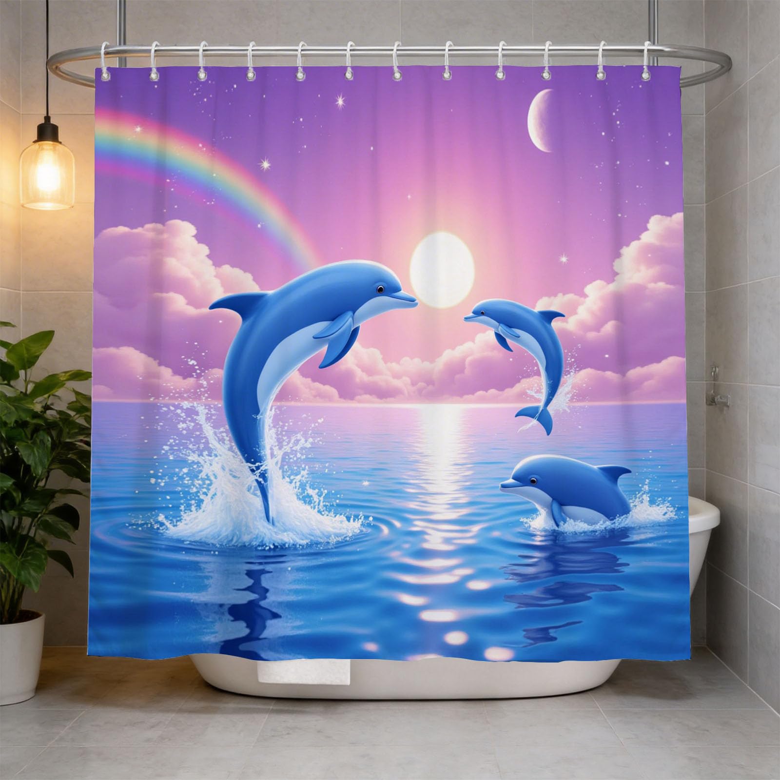 Hongduo 3D Dolphin Shower Curtain for Stalls Bathtubs Cartoon Bathroom Decor Shower Curtain Set Polyester Fabric Waterproof 200x200cm/79X79 Inch with Hooks