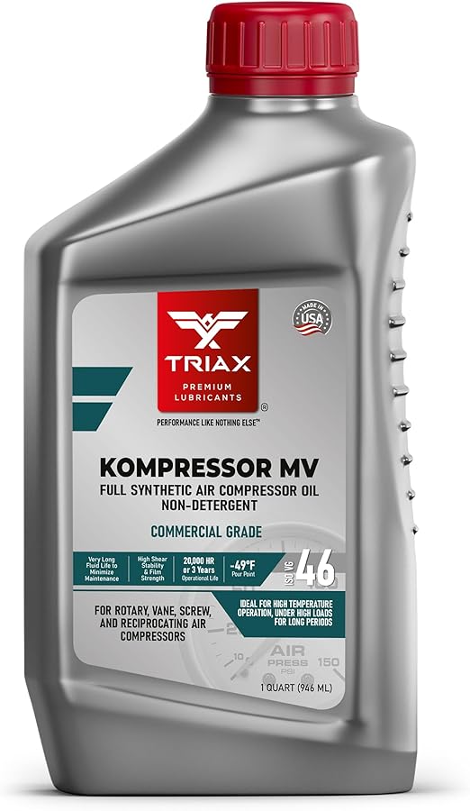 TRIAX Kompressor MV 46 / SAE 20 - Full Synthetic, Multi-Vis Air Compressor Oil - Commercial Grade - for Rotary, Vane, Screw, and Reciprocal - High Temp, 20,000 Hour Life, Non-Detergent (1 Quart)