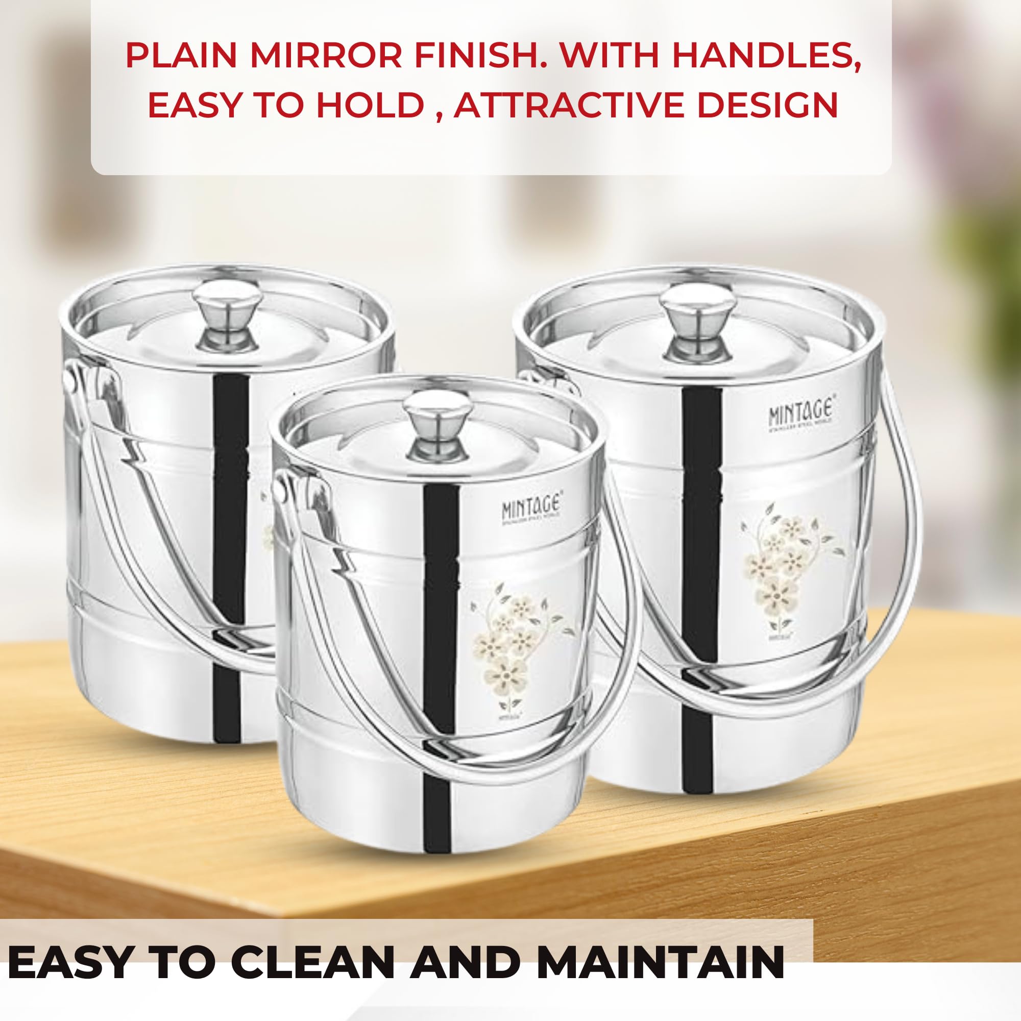 Mintage Laser Milk Barni Stainless Steel 4+5+7 litres Set of 3 |Oil Dolu Jar Ghee Dolchi | Heavy Body Steel Container with Lid | Storage Can | Strong Safe Durable Multipurpose Kitchenware Daily Use 3