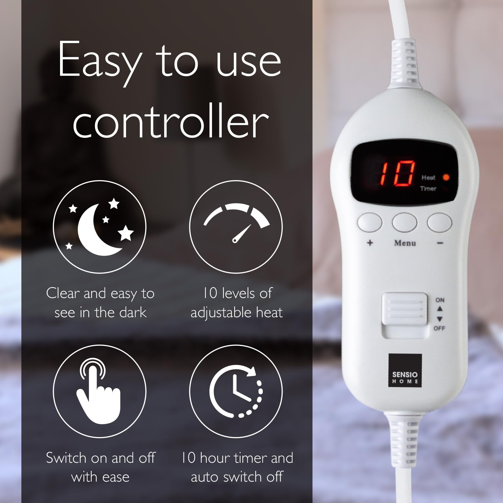 SENSIOHOME Szary, luksusowy elektryczny koc grzewczy, flanelowy polar z efektem pluszowego wnętrza, można prać w pralce, cyfrowy pilot zdalnego sterowania z 10 poziomami ciepła i timerem