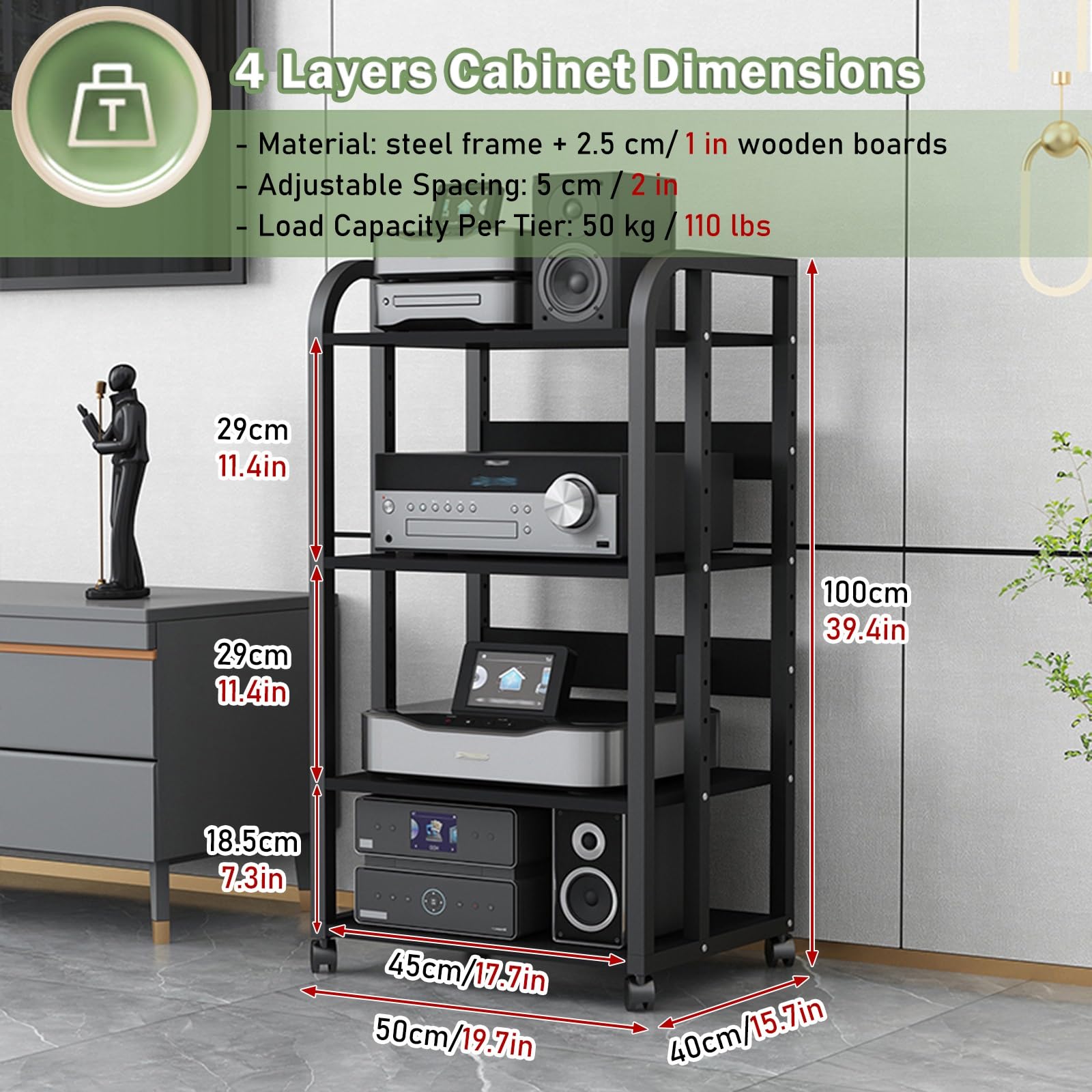 Audio Component Rack/Tower Media Stereo Stand, Heavy Duty Black Modern Electronics Equipment Storage with Height-Adjustable Shelf & Wheels, for Speakers/DVD Player(Size:4 Tier-H 100cm/39in)