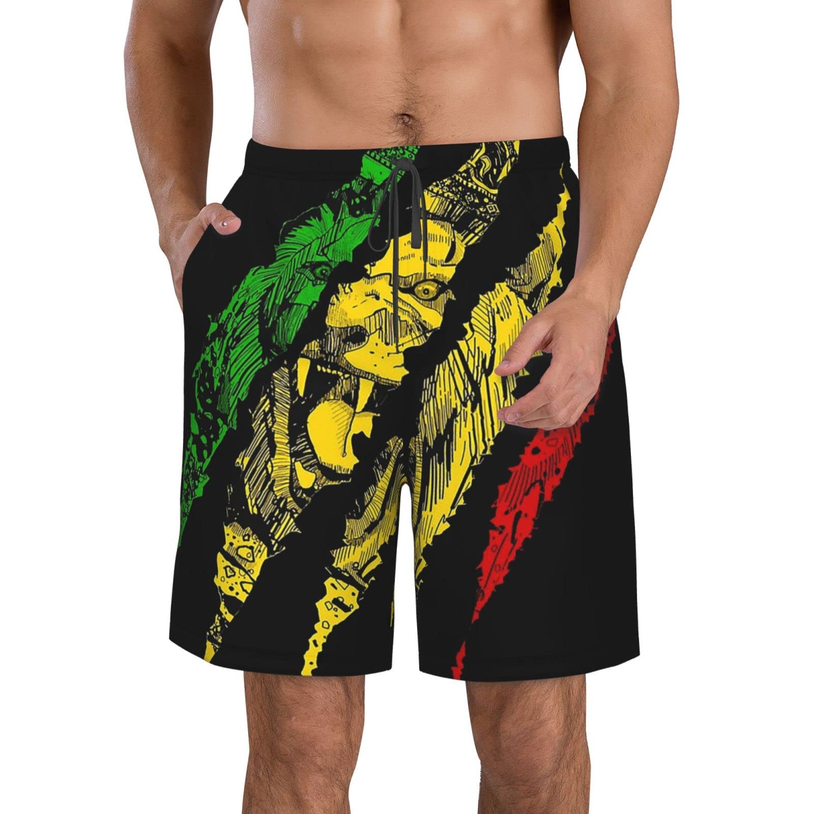 452 Men's Board Shorts 522 Beach Board Shorts Lion Of Judah King Rasta Reggae Jamaica Roots Swimwear Boardshort Adjustable Waist Beach Shorts Waterproof Surfing Boardshorts L
