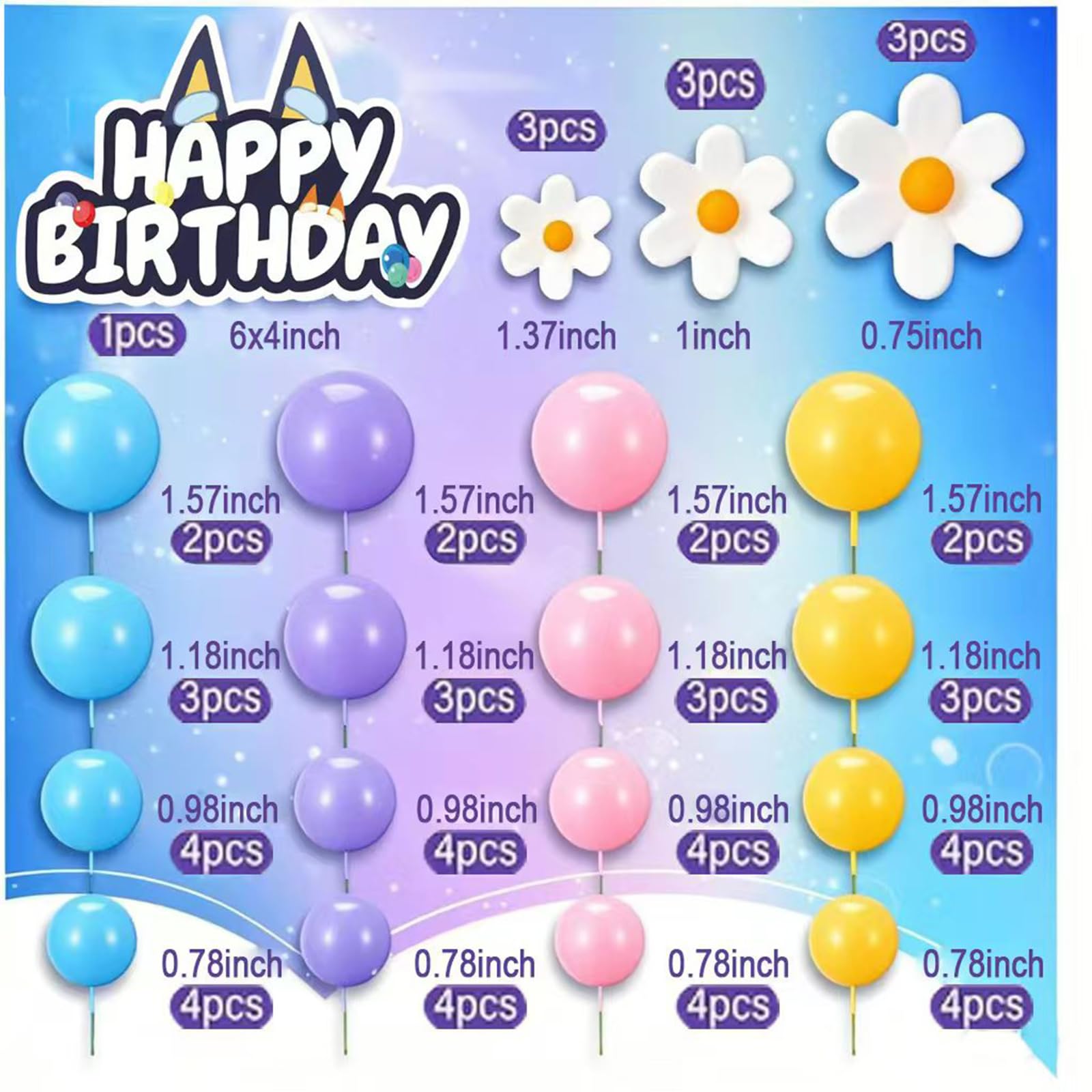 Loyalesa 62 Pcs Pastel Cake Decorations: Doggy Cake Toppers, Balls, Flowers & Ear Topper for Birthday, Gender Reveal, Wedding & More