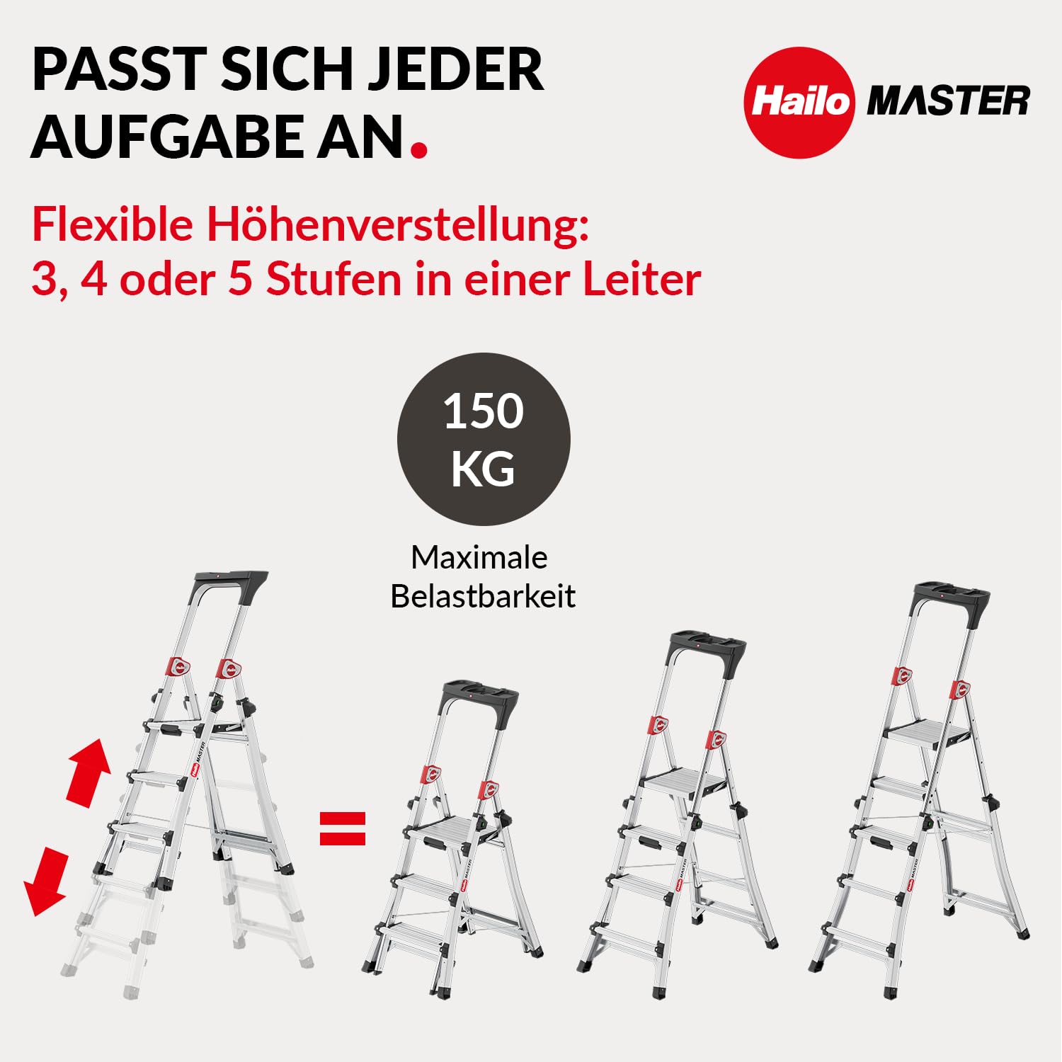 Hailo Master TL100 Topline 3-in-1 Alu Teleskopleiter - Flexible Arbeitshöhe 3-5 Stufen belastbar bis 150 kg - 2,65-3,09 m Arbeitshöhe einstellbar - extragroße Plattform - Leiter ausziehbar - Aluleiter