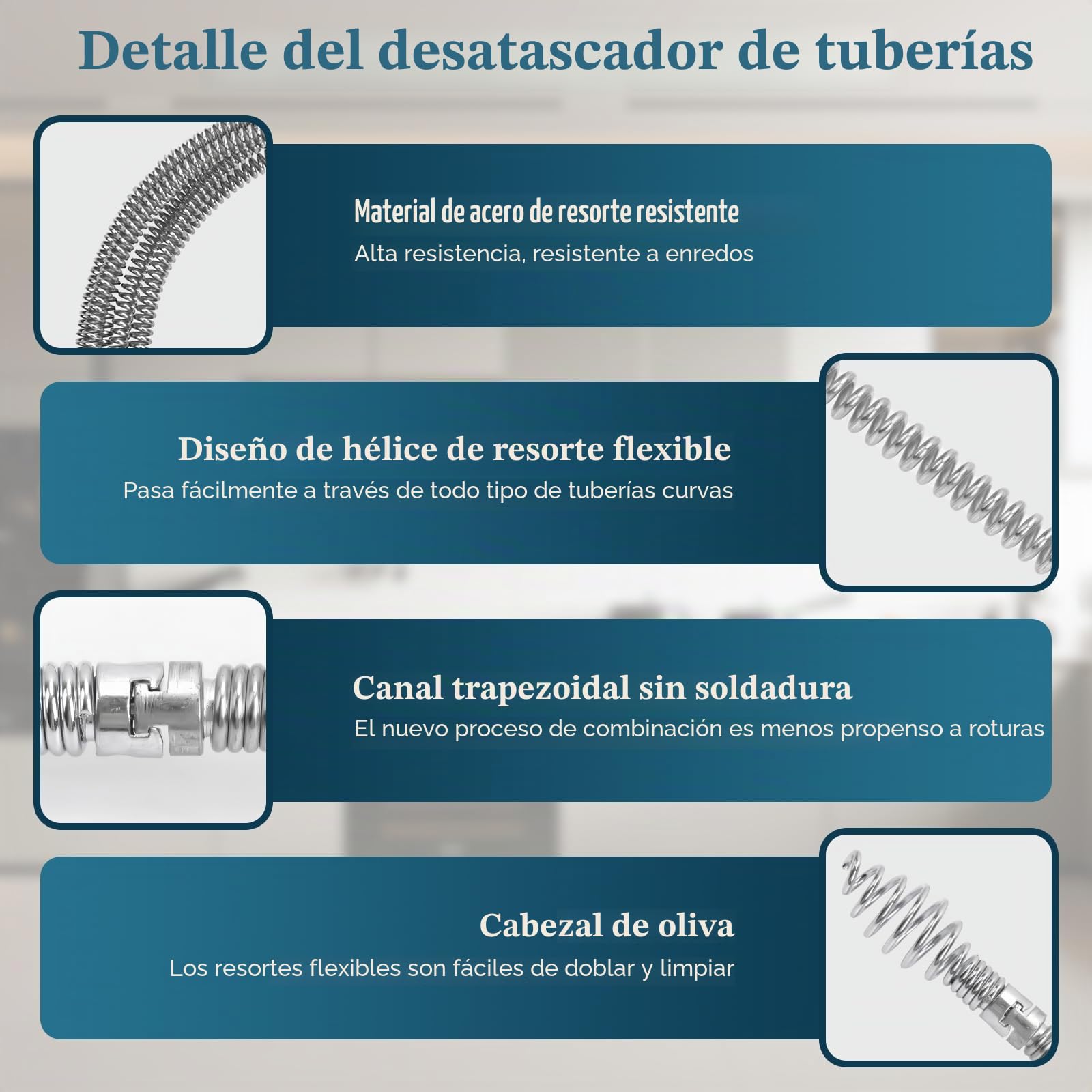 Desatascador Tuberias Fregadero 5m | Espiral de Limpieza de Tuberías Profesional Diámetro 12 mm con 8 Piezas Limpiador de Drenaje Accesorios