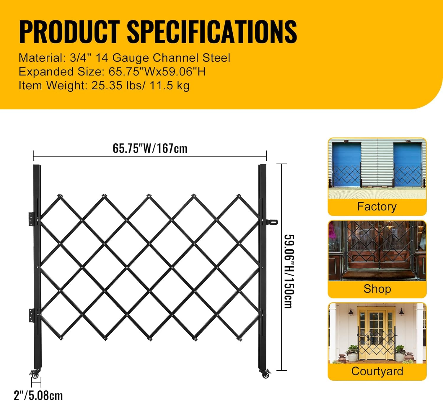 Single Folding Security Gate, Folding Door Gate with Casters, Flexible Expanding Security Gate, 360° Rolling Barricade Gate, Scissor Gate Or Door with Padlock (65.75Wx59.06H)