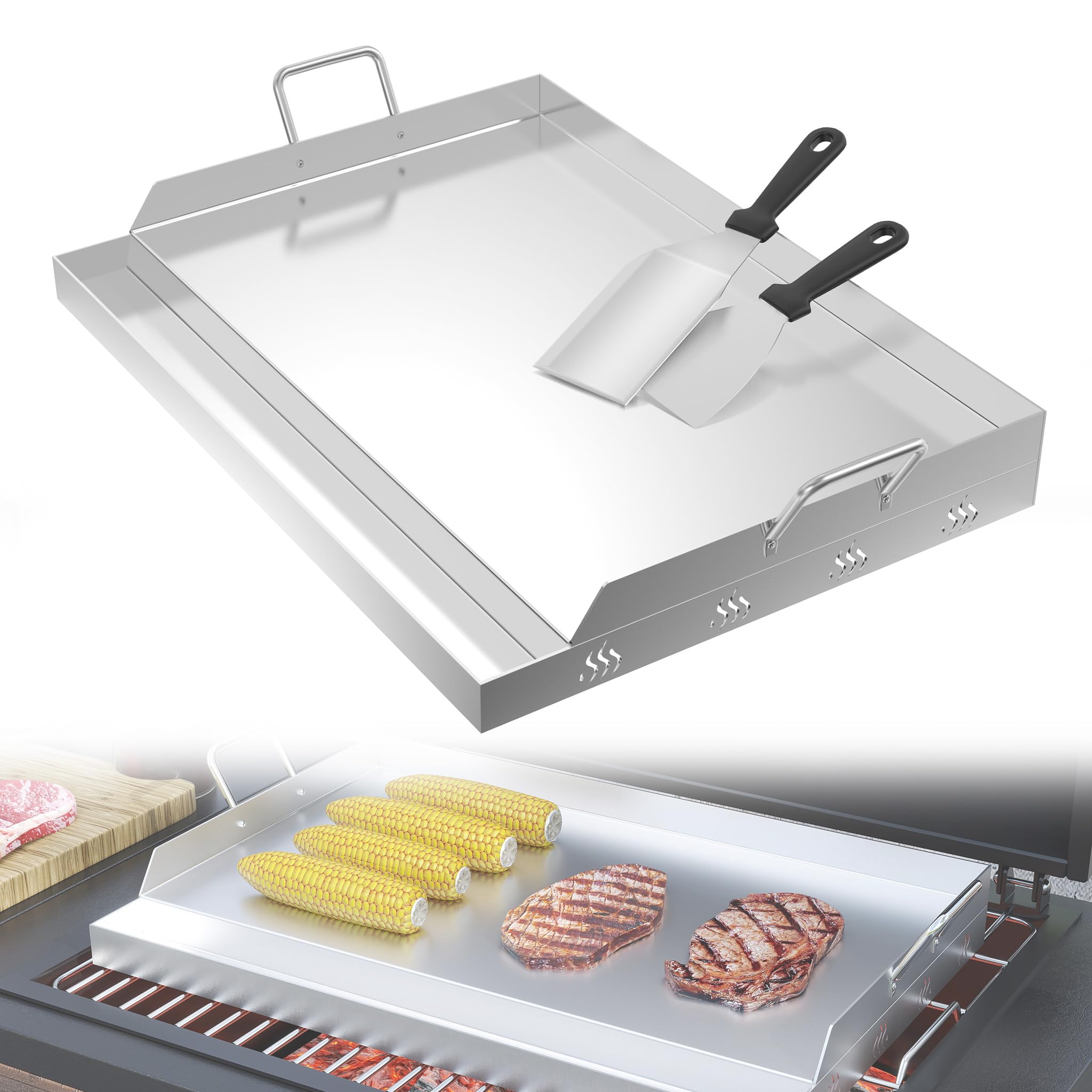 YRHome Plancha, piastra per barbecue in acciaio inox, 54 x 41 x 7 cm, per gas e carbone, con spatola e raschietto – antiruggine, resistente al calore – universale per barbecue, bistecche, verdure (con