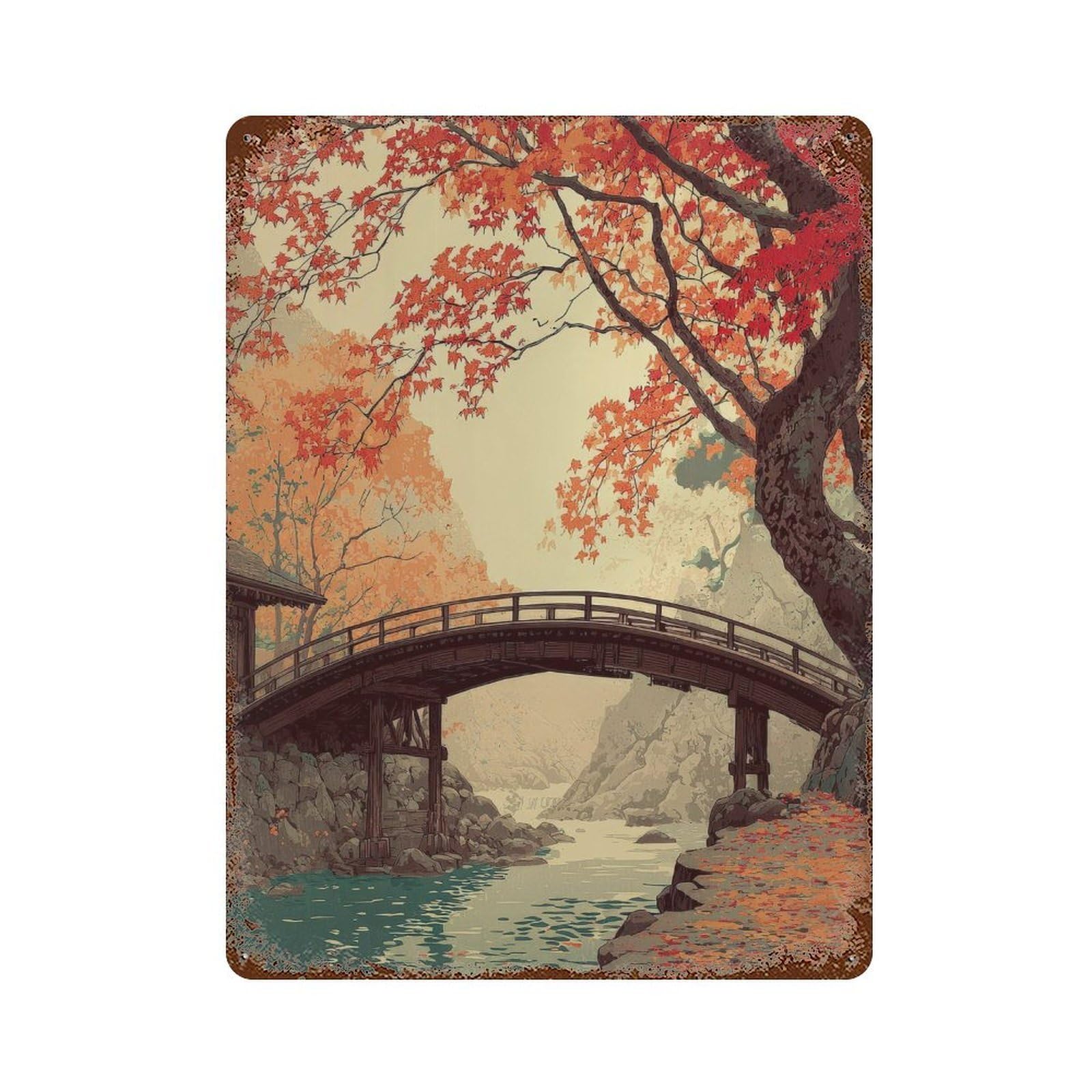 xiaoxiaoshen Autumn Bridge Scene. Japanese Ukiyo Wall Decor Art Metal Tin Poster Modern Home Decor Art Home Bar Shop Decorations Vintage Sign 40x30cm