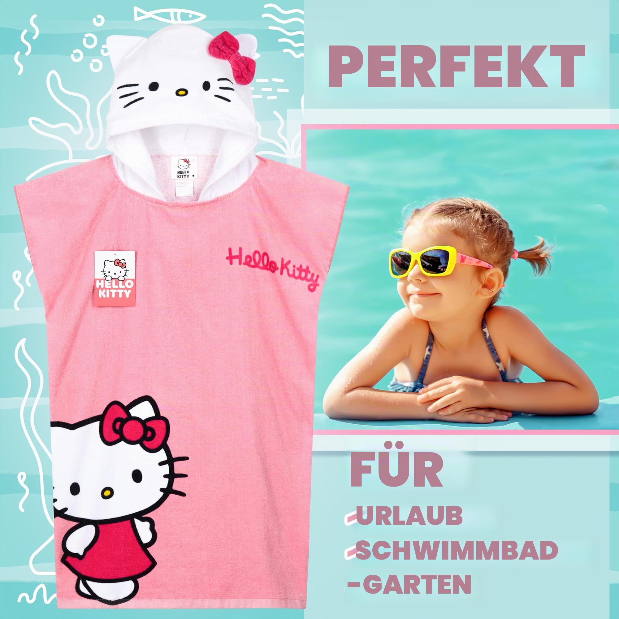 Hello Kitty Badeponcho Kinder Handtuch mit Kapuze Weich Strand Poncho Mädchen Badetuch Baumwolle Kuromi Cinnamoroll Strand Zubehör (Rosa Poncho Hello Kitty, 10-14 Jahre)