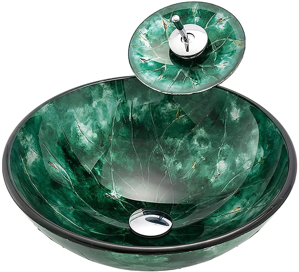 WOTZOV Sink Countertop Tempered Sink Countertop Green Round Countertop Wash Bowl Hand Wash Basin With Waterfall Faucet,Drainer,