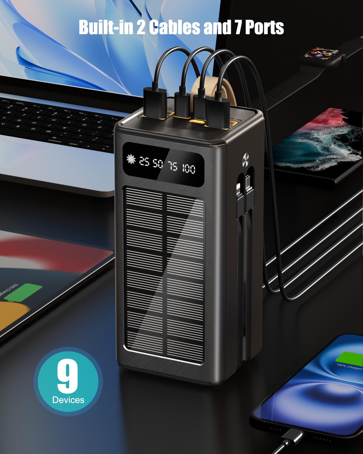 Caricabatteria solare da 80000 mAh, batteria portatile a ricarica rapida da 35 W, cavi USB-C/Lightning integrati per campeggio, viaggi, emergenze, dispositivi tecnologici | 9 porte PD/USB-C