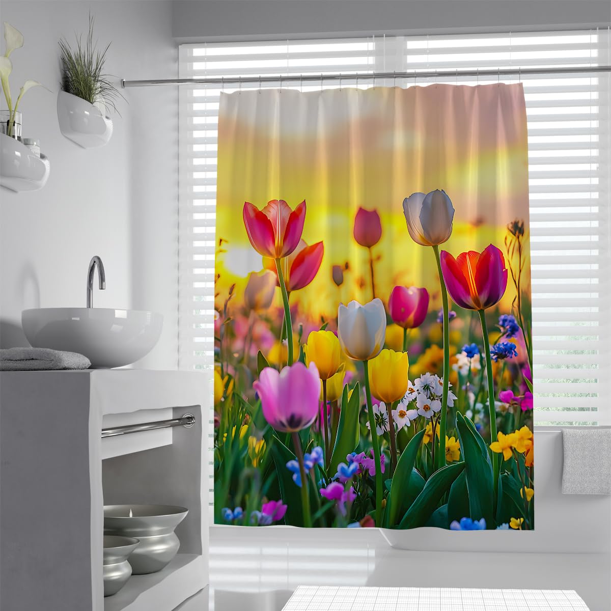 UIRINGART Colorful Spring Tulip Flower Meadow Field Shower Curtain W200xL200cm Sunny Floral Garden Pattern Fabric Polyester Anti Mould Washable Bathroom Screen Rustproof Grommets