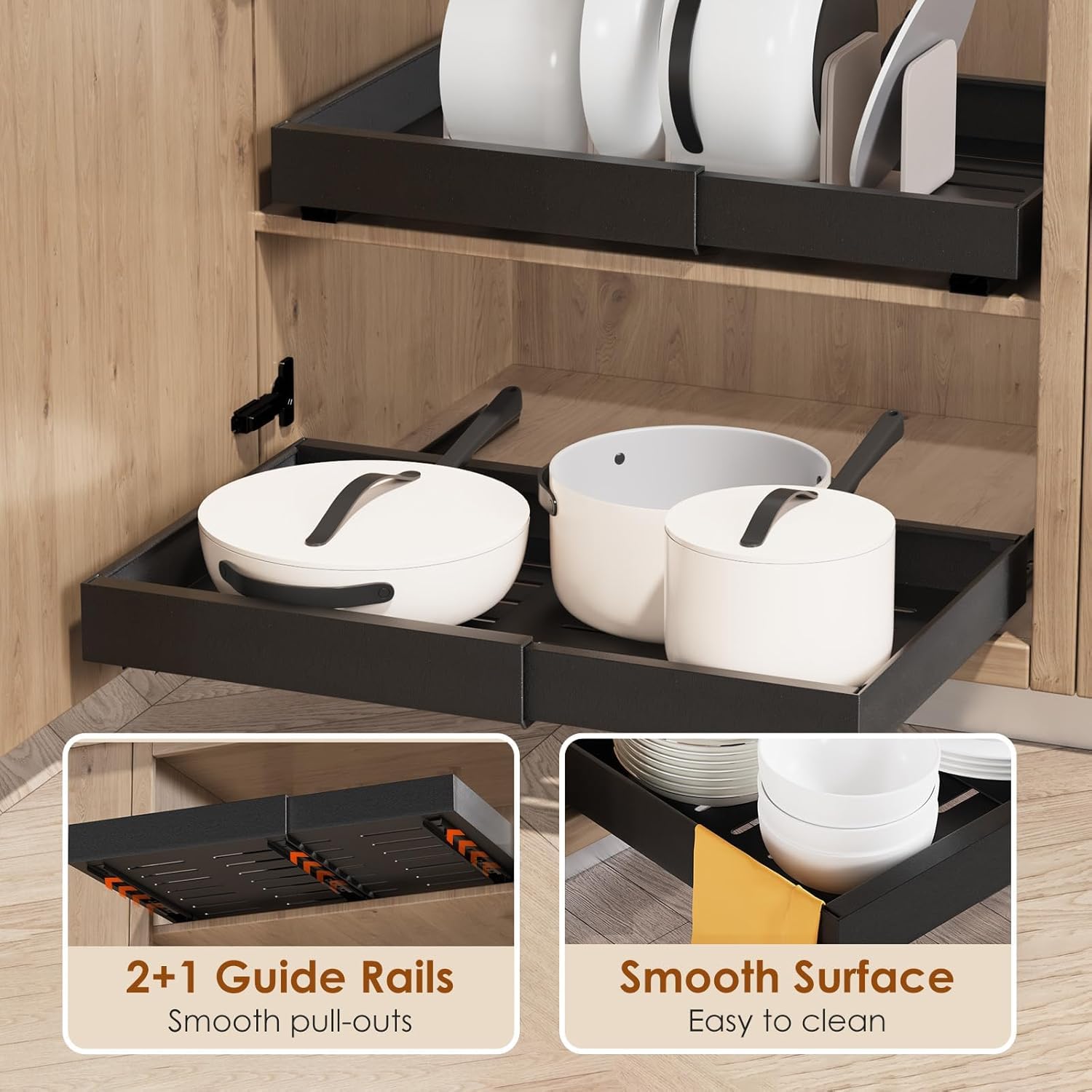 NEWFUN Tiroirs Coulissants Rangement Cuisine，Tiroir Coulissant Placard，Lot de 2 Tiroirs Extensibles Télescopiques pour Armoires de Cuisine，étagères Coulissantes, Largeur Réglable de 32-53 CM