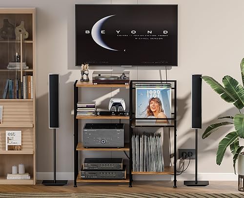 Miniatura 6 de Mesa de soporte para tocadiscos con soporte de almacenamiento de discos de vinilo, hasta 200 álbumes, gabinete de medios pequeños, mesa de consola