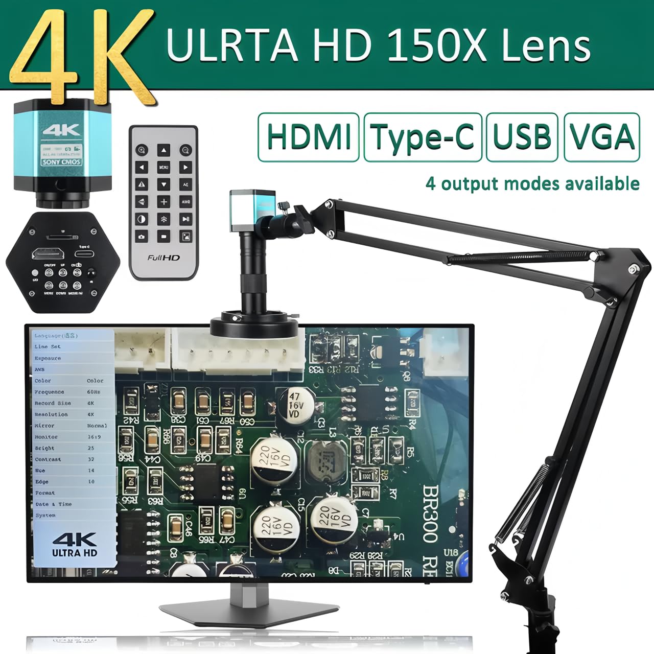 4K Microscope 48MP Digital Microscope For Electronics USB Industrial Cameras HDMI 1-150X Zoom C-Mount Lens Phone Pcb Soldering（C 13MP HDMI VGA）