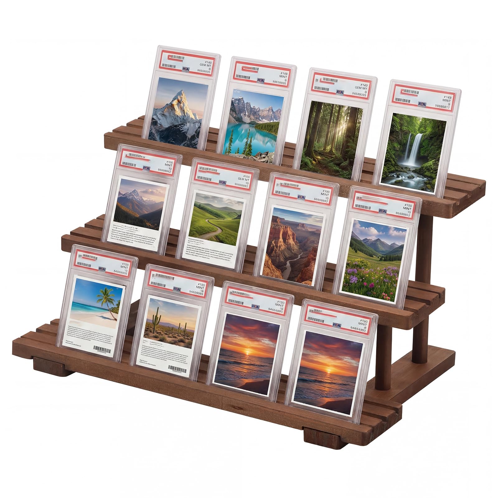 shaojian 3 Tiers Trading Card Stand, Wooden Sports Card Display Stand with Reinforced Base Compatible with PSA CSG BGS SGC Graded Cards Collection & Show
