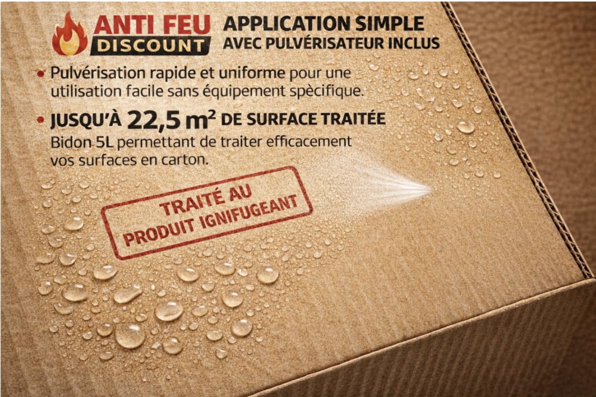Bidon Ignifuge Anti-feu Carton M1 – Attestation M1 fournie - Pulvérisateur fourni et prêt à l’Emploi – 5 L = 22,5 m² de Carton ignifugé - Fabrication française.