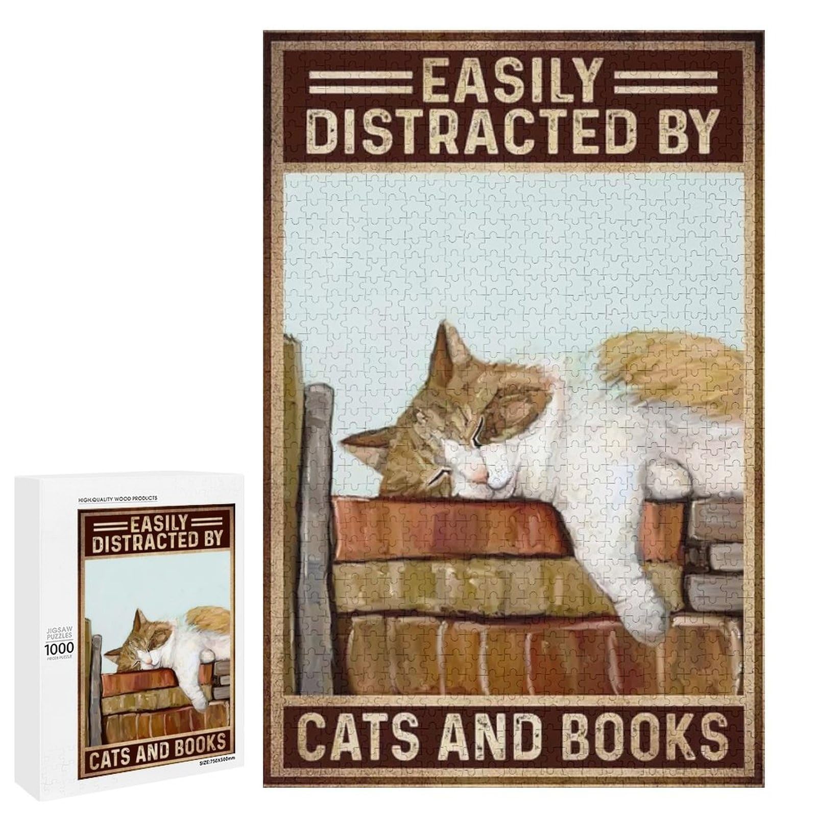Jigsaw Puzzles 1000 Pieces for Adults Cat Sleeping Easily Distracted by Cats and Books Wooden Puzzle - Puzzles for Youth Home Decor Funny Game Best Gift Preschool Toys