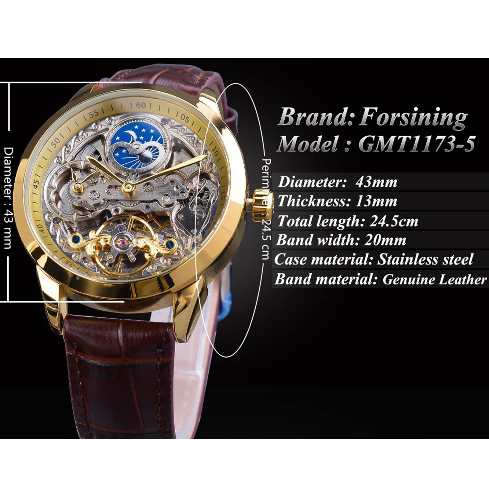 FORSINING Herrenuhr Tourbillon Mondphase Automatische Herren Leder Armbanduhr Mode Business Skelett Luxus Handaufzug Uhren, gold, Gürtel