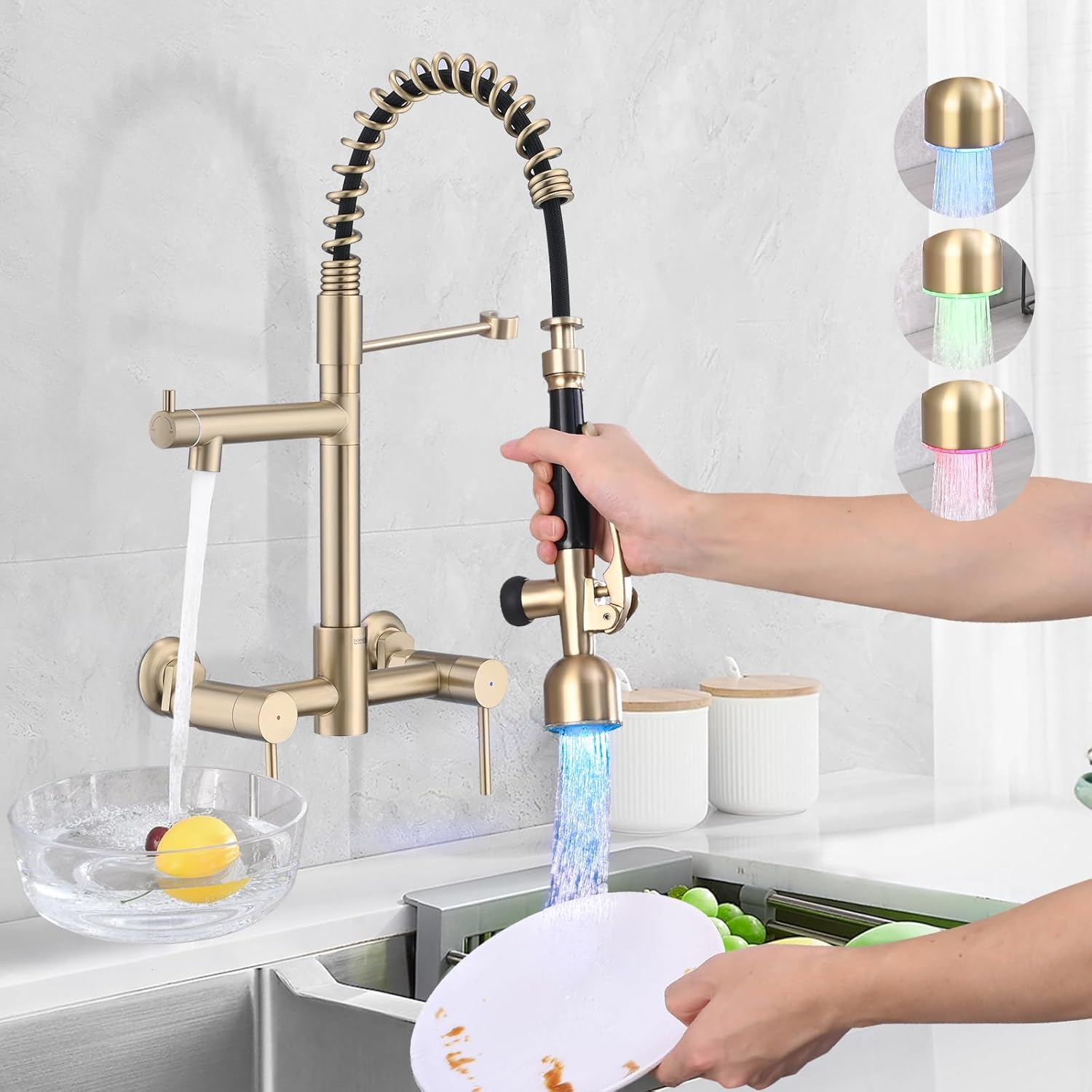 Wall Mount LED Kitchen Faucet, 8 Inch Center Commercial Kitchen Sink Faucet with Pull Down Sprayer, 2 Handle Wall Mount Faucet for Kitchen Sink, Brushed Golden