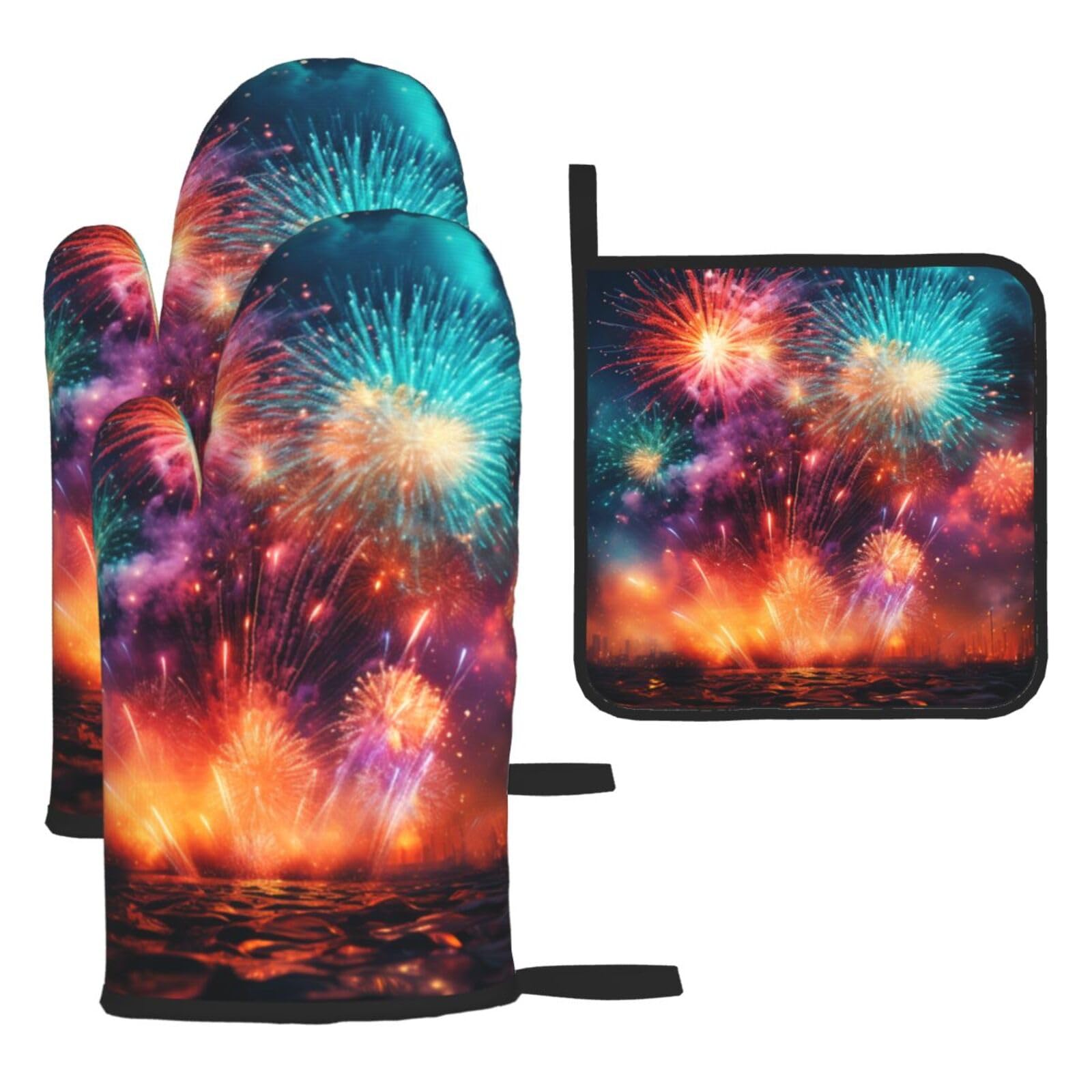 Oven Mitts and Pot Holders Sets of 3 Heat Resistant Kitchen Gloves Splendid fireworks Oven Mitts BBQ Gloves Oven Gloves and Hot Pads Non-Slip Potholders for Kitchen Baking Cooking