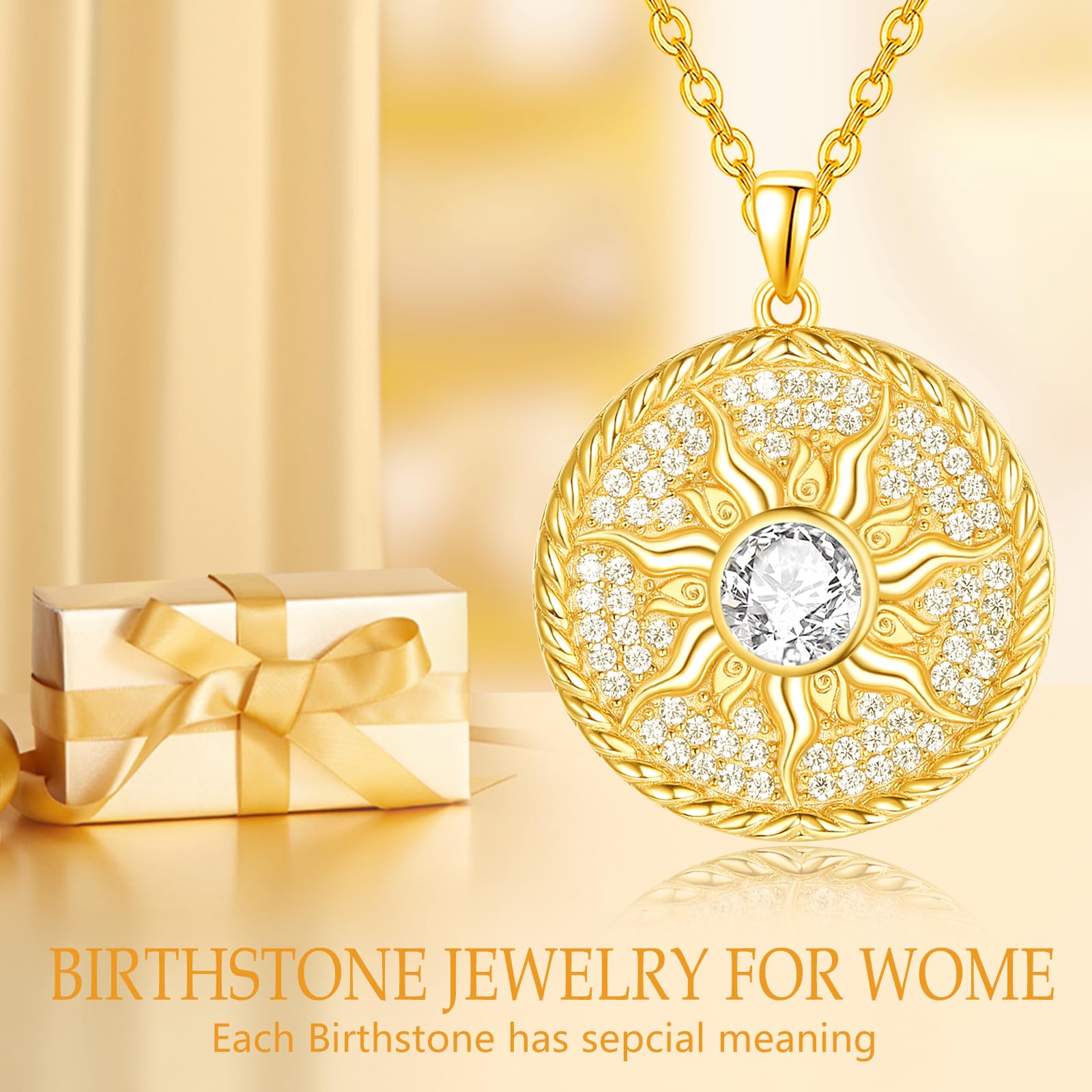 AENEAS 14 Karat vergoldete Sonnen-Halskette für Damen, 925er-Sterlingsilber, Geburtsstein, Sonne, Münze, Halskette, Sonnenschmuck, Geschenke für Frauen und Mädchen, Sterling Silber, Diamant