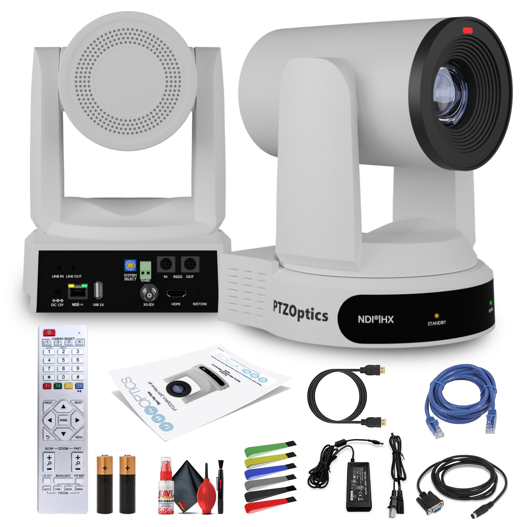 PTZOptics Move 4K SDI/HDMI/USB/IP PTZ Camera with 30x Optical Zoom (White) (PT30X-4K-WH-G3) + Lens Cleaning Kit + HDMI Cable + Ethernet Cable + Color Wire Ties