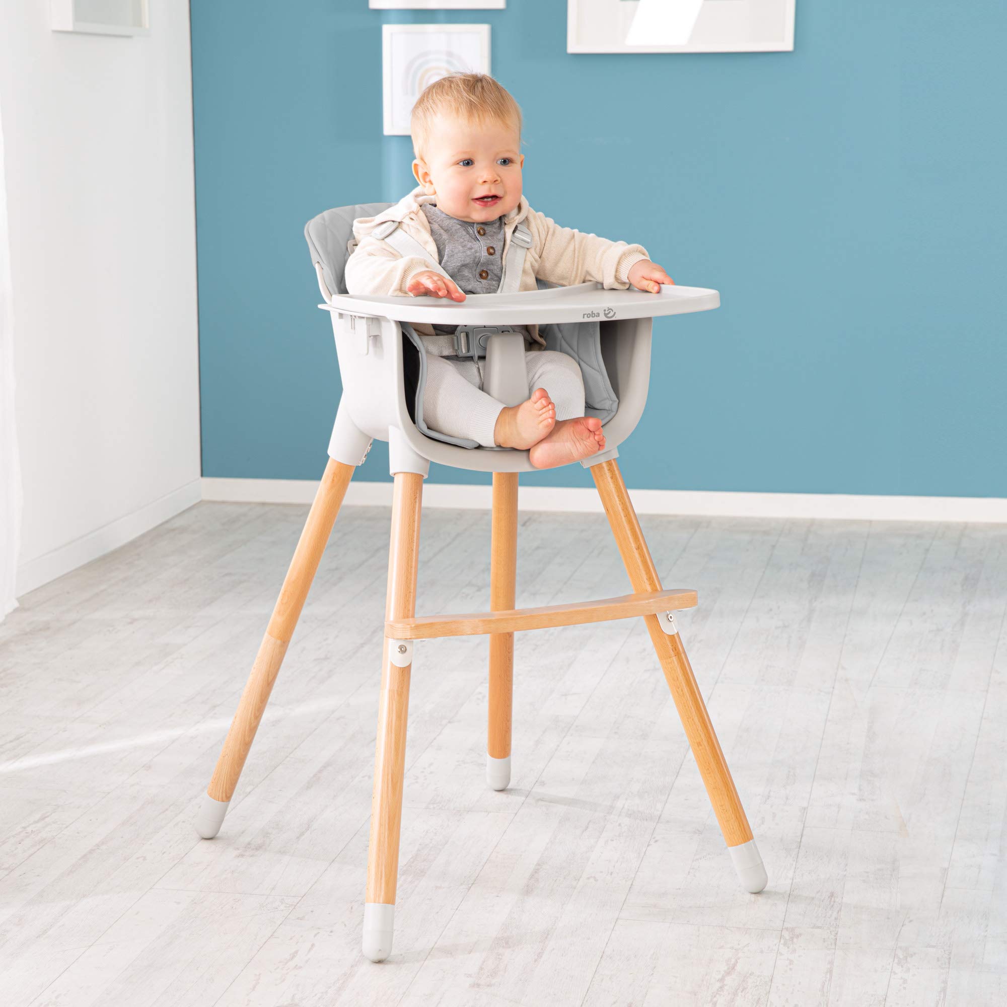 roba Chaise Haute Évolutive 2 en 1 Style Up Wood pour Bébé et Enfant - 50 KG - avec Ceinture de Sécurité et Plateau Repas Amovible - Réglable - Assise Rembourrée - Gris
