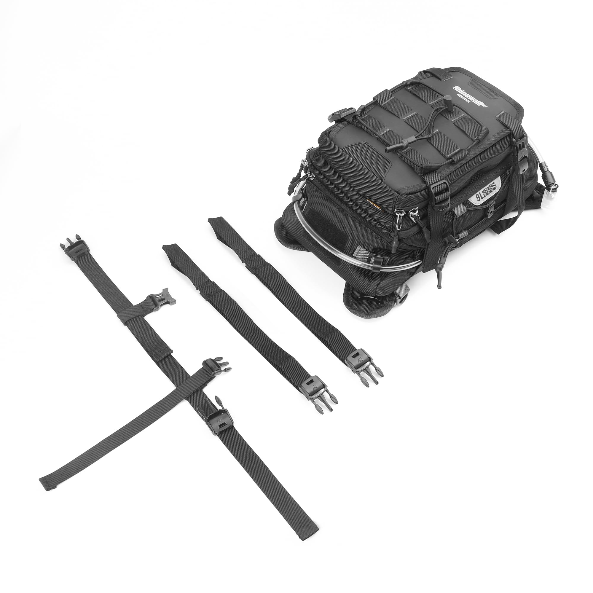 Rhinowalk Torba na zbiornik motocyklowy, plecak motocyklowy z bukłakiem na wodę 1,5 l, system MOLLE, pasuje do Honda, Yamaha, Suzuki, Kawasaki, Harley, czarna