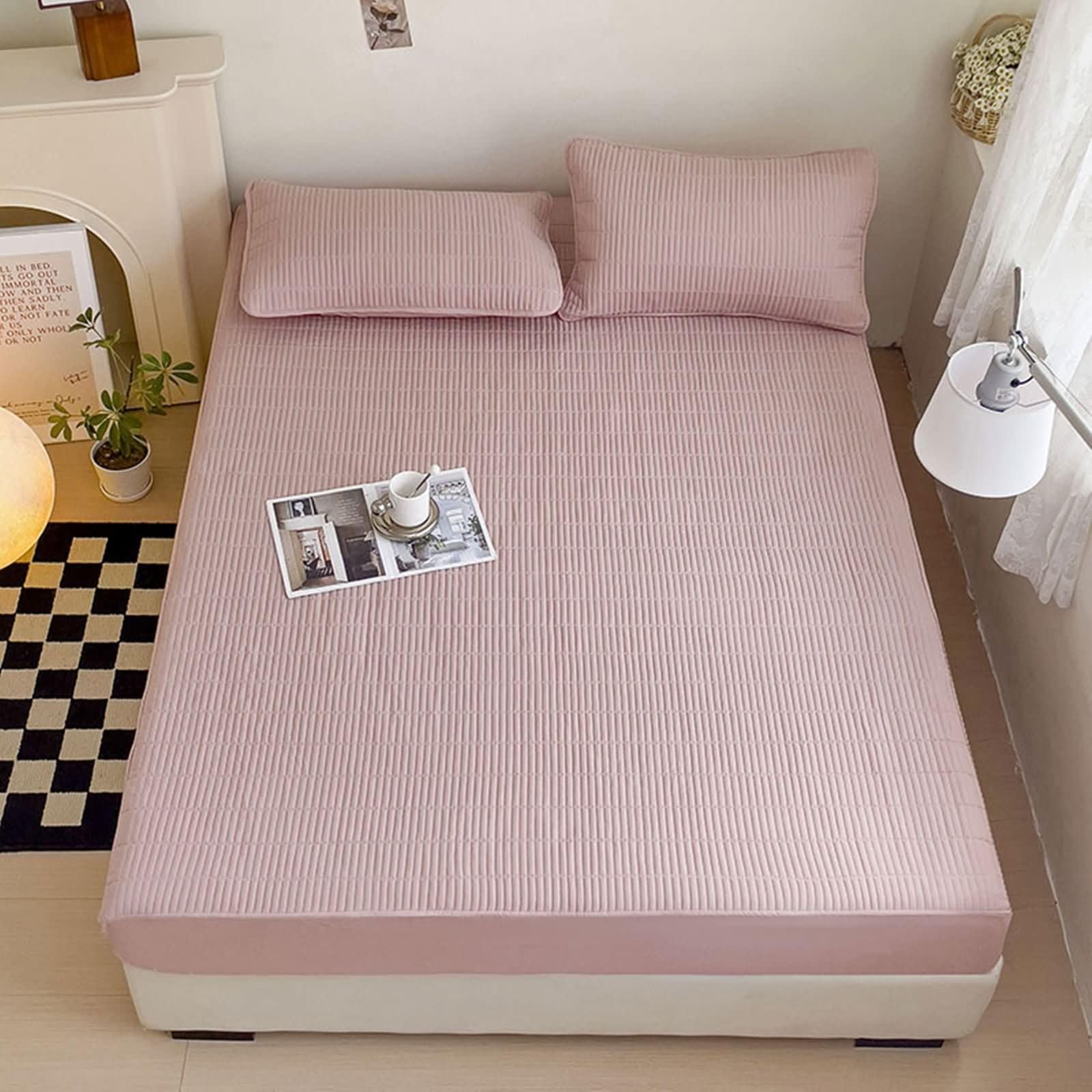 Pack de 3 Piezas Sabana Bajera Elastica Algodón, Color Sólido, 220 x 200 CM + 2 Fundas de Almohada, Sabanas Bajera Rosa