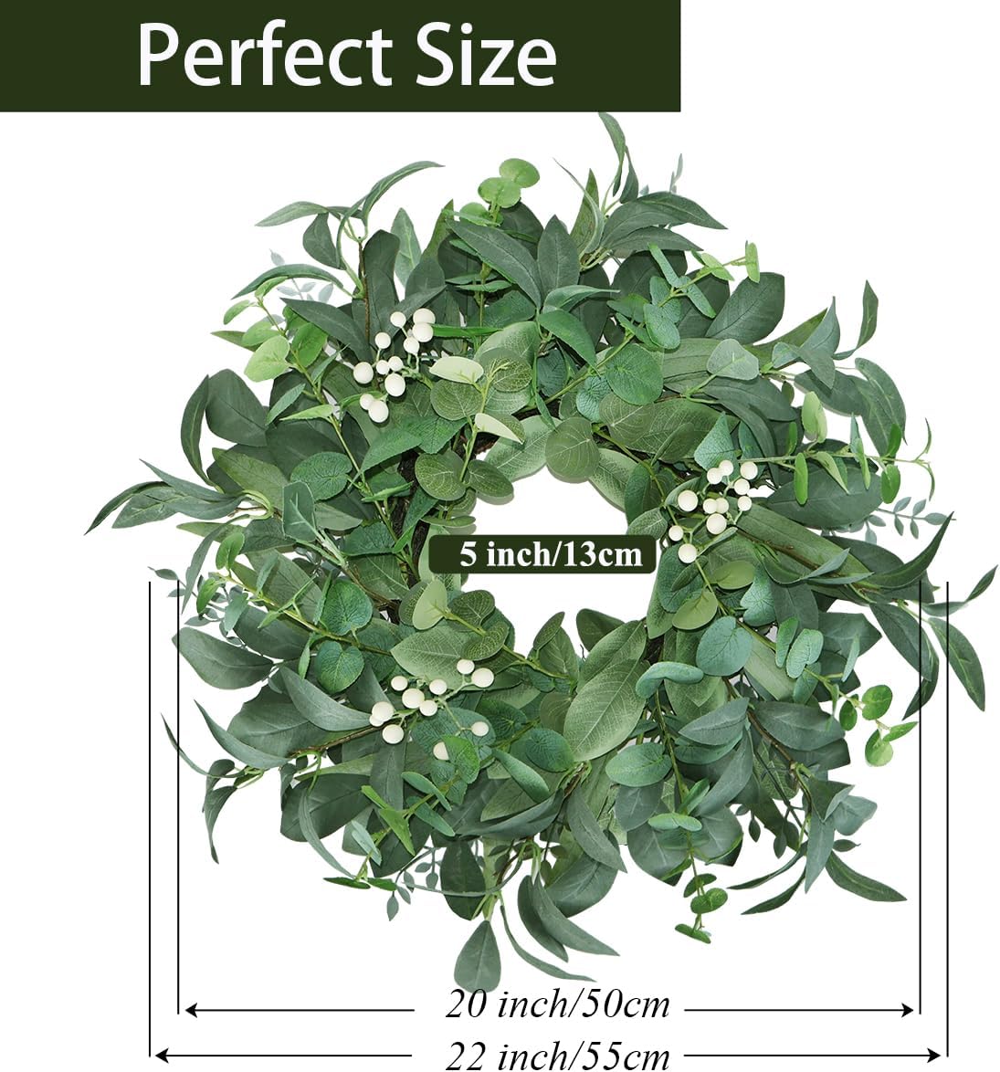 20"-22“ Green Eucalyptus Wreaths for Front Door with White Berries – Lifelike Spring, Summer, and Winter Wreath for Farmhouse Front Porch, Window, Door Decor - Image 3