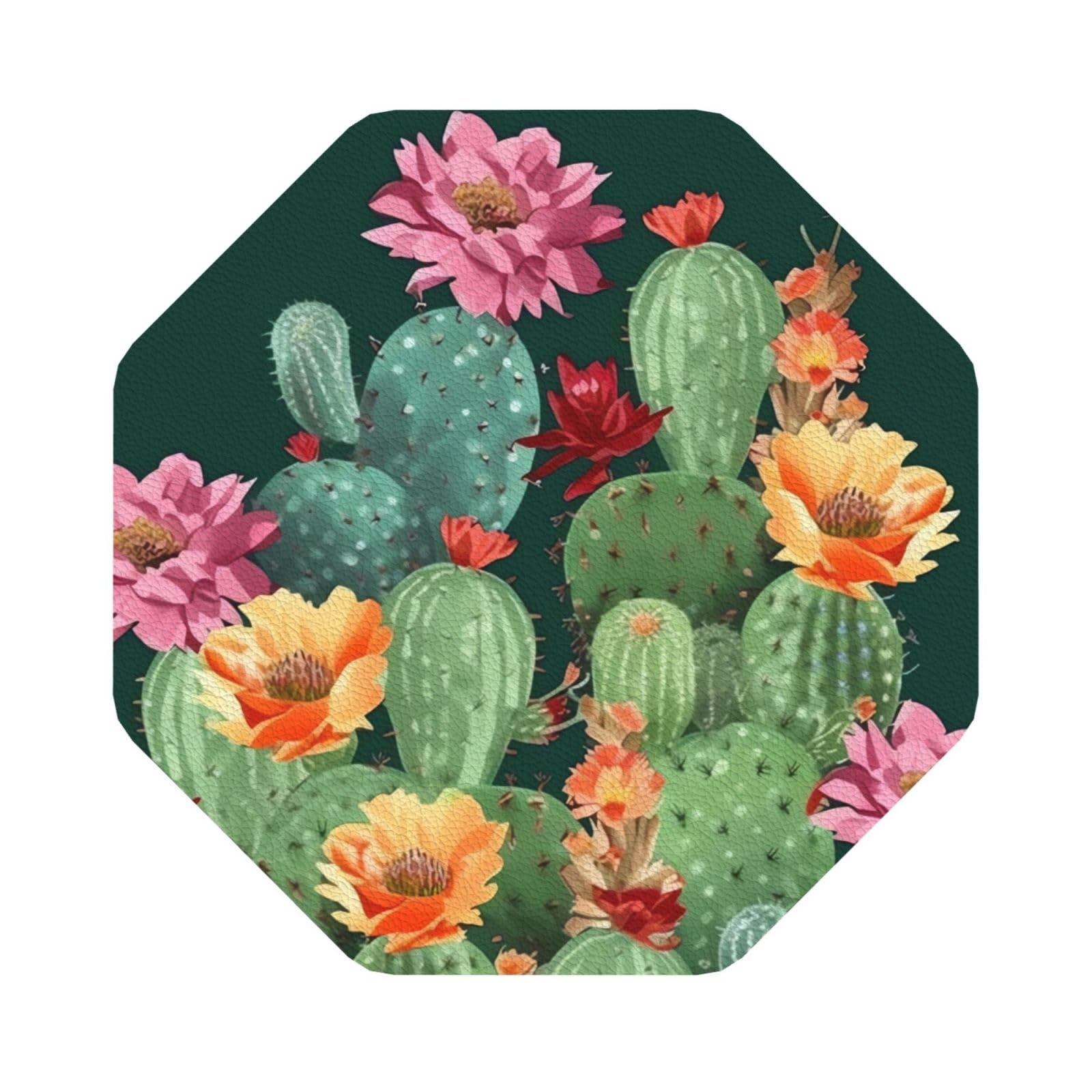 Fodpand Octagon Cactus Floral Bloom Drink Coasters Set Of 4, Heat Resistant Leather Coasters Fuuny Bar Beer Beverage Coaster For Drinks, Absorbent Cup Mat For Tabletop Protection, Housewarming Gift